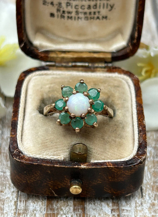 Vintage Opal and Emerald Daisy Cluster Ring 9 Carat Yellow Gold 1975