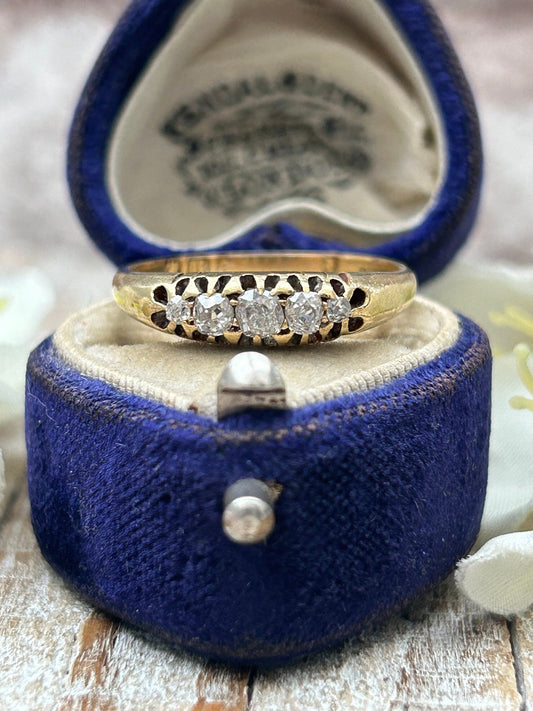 Antique Victorian Five Stone Old Cut Diamond Ring 18 Carat Yellow Gold 1892
