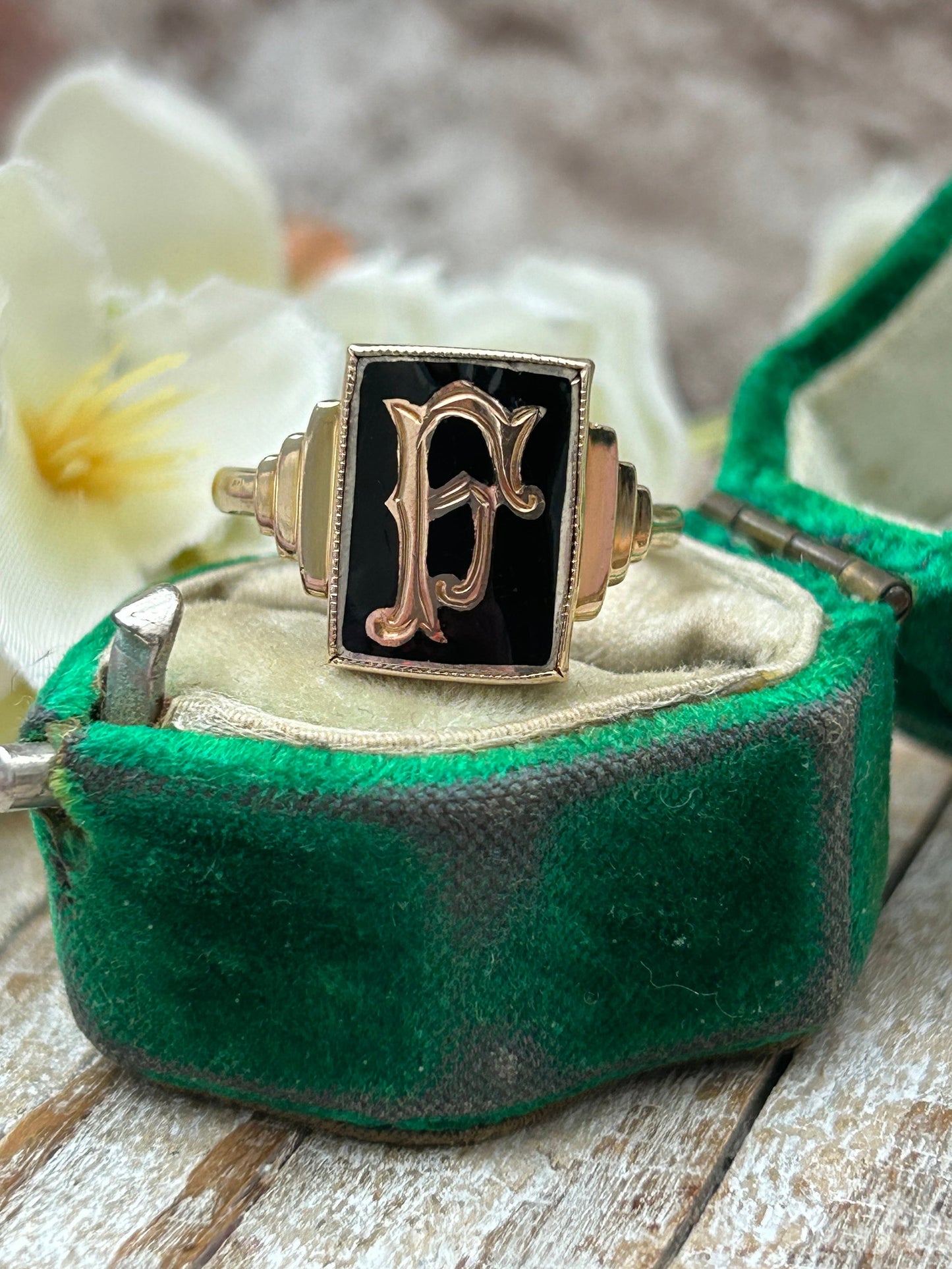 Antique Art Deco Monogram "F" Signet Ring Black Enamel 9 Carat Yellow Gold