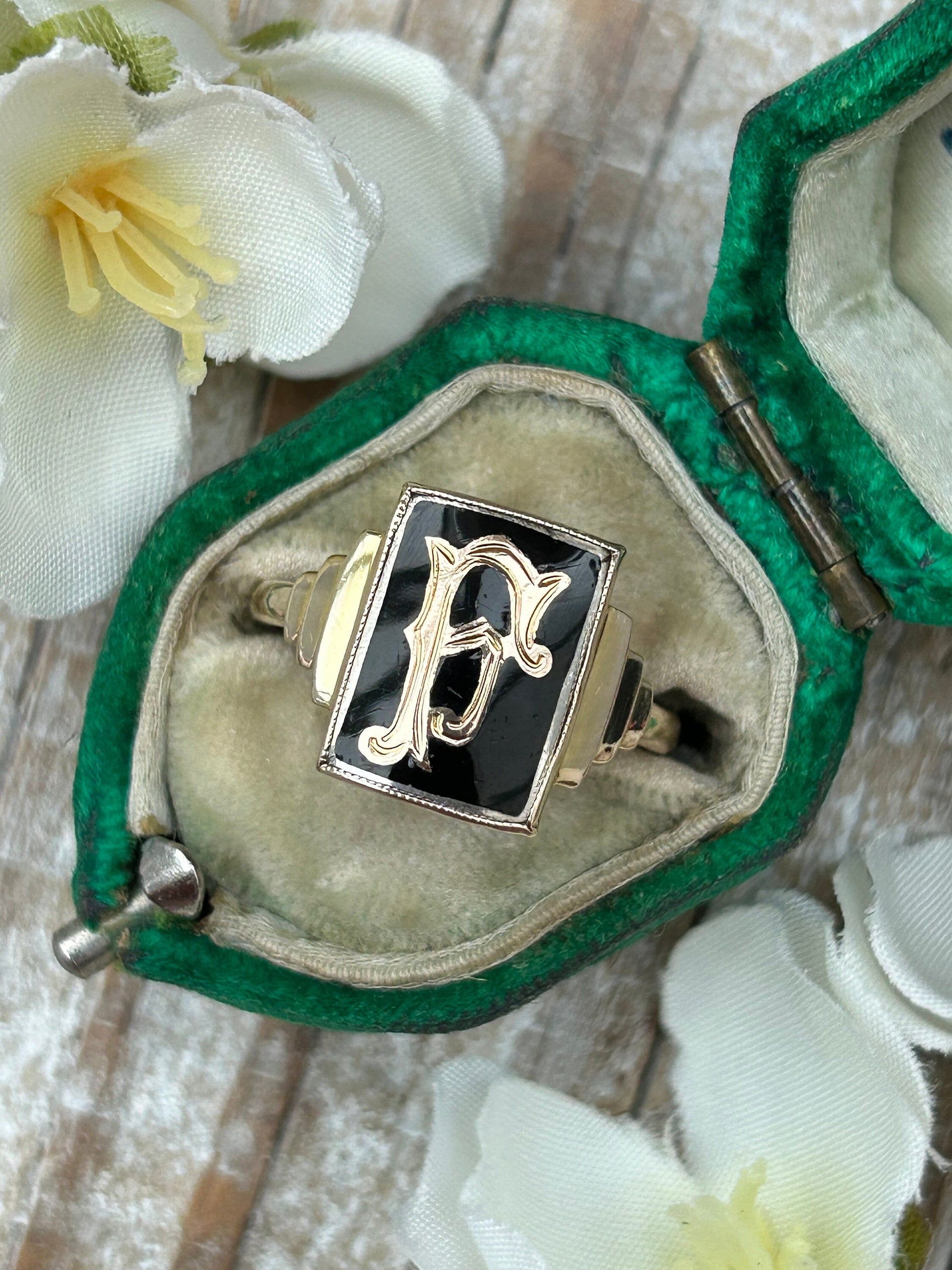 Antique Art Deco Monogram F Signet Ring Black Enamel 9 Carat Yellow Gold