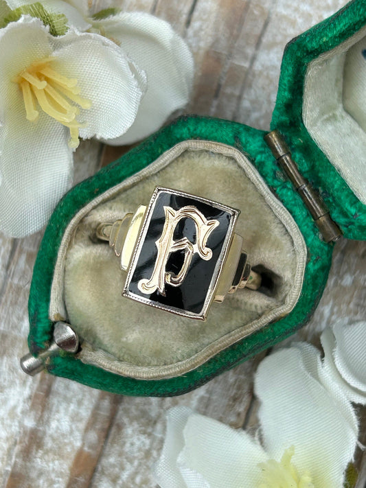Antique Art Deco Monogram F Signet Ring Black Enamel 9 Carat Yellow Gold