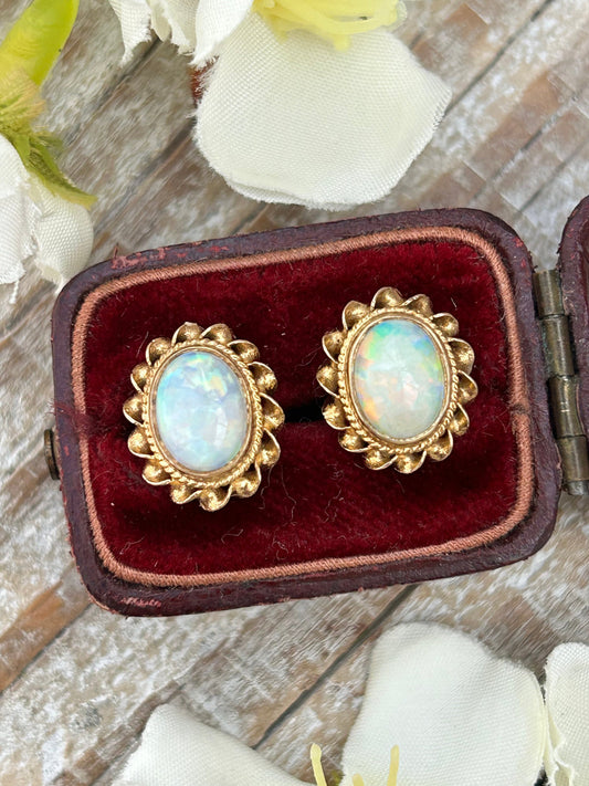 Vintage Opal Stud Earrings 9 Carat Yellow Gold 1977