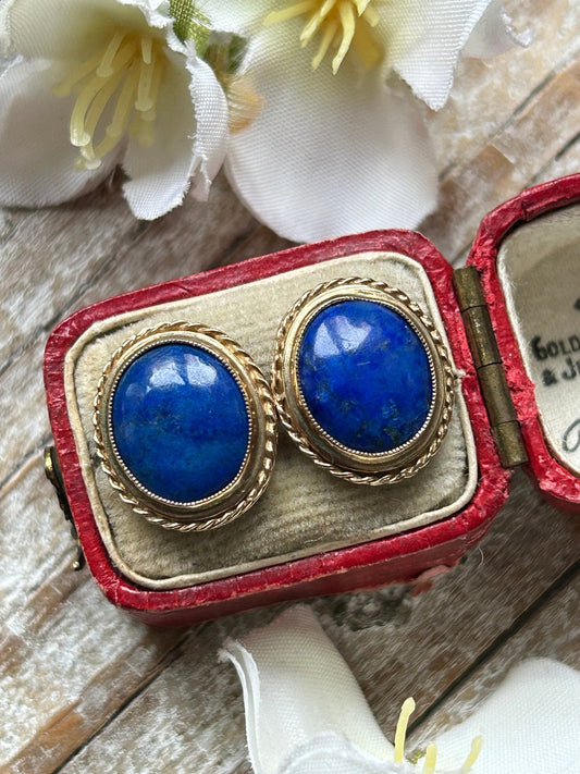 Vintage Lapis Lazuli Statement Stud Earrings 9 Carat Yellow Gold 1988
