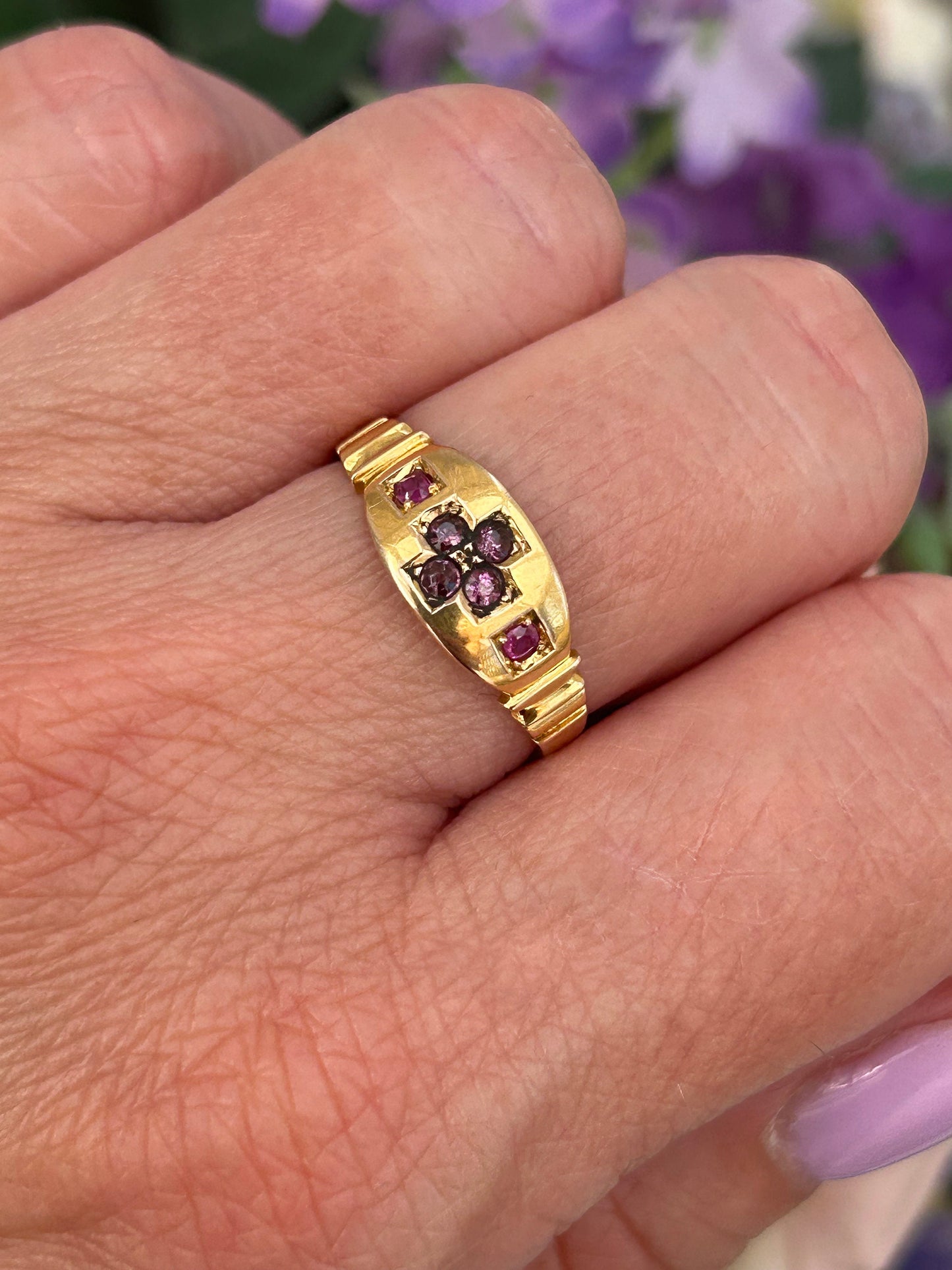 Antique Victorian Amethyst and Ruby Gypsy Ring 15 Carat Yellow Gold 1882