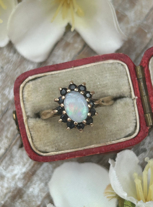 Vintage Opal and Sapphire Halo Ring 9 Carat Yellow Gold 1973