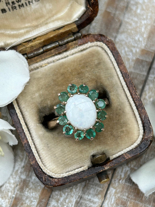 Vintage Opal and Emerald Halo Ring 9 Carat Yellow Gold 1978