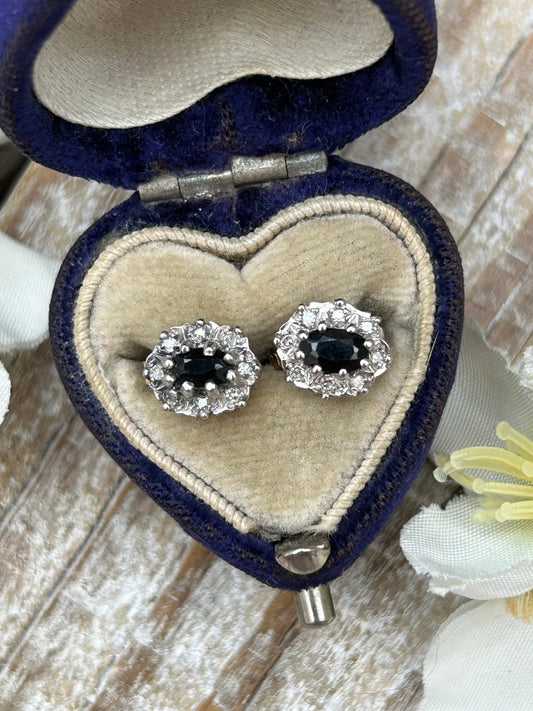 Vintage Sapphire and Diamond Halo Earrings 9 Carat Gold