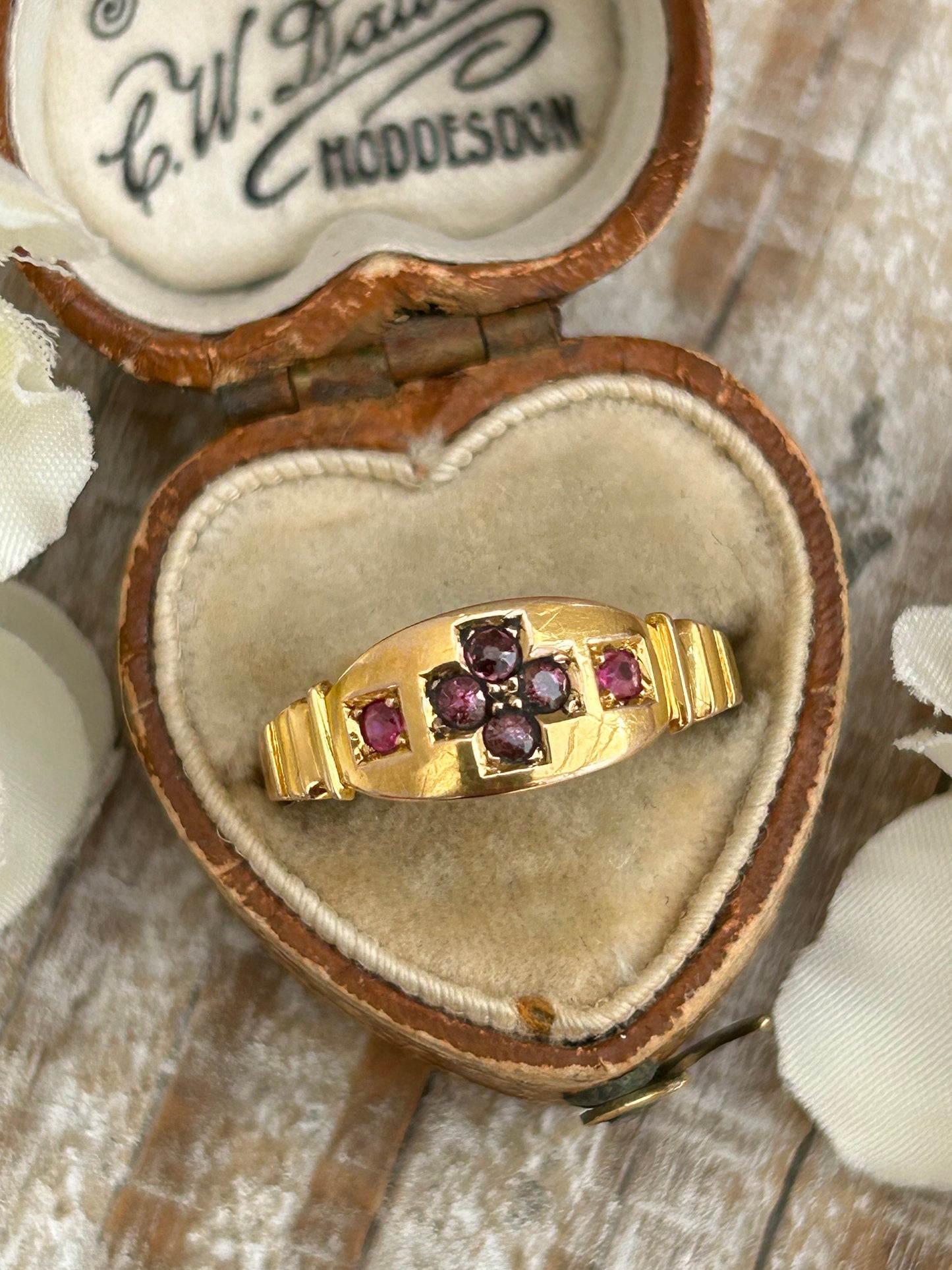 Antique Victorian Amethyst and Ruby Gypsy Ring 15 Carat Yellow Gold 1882