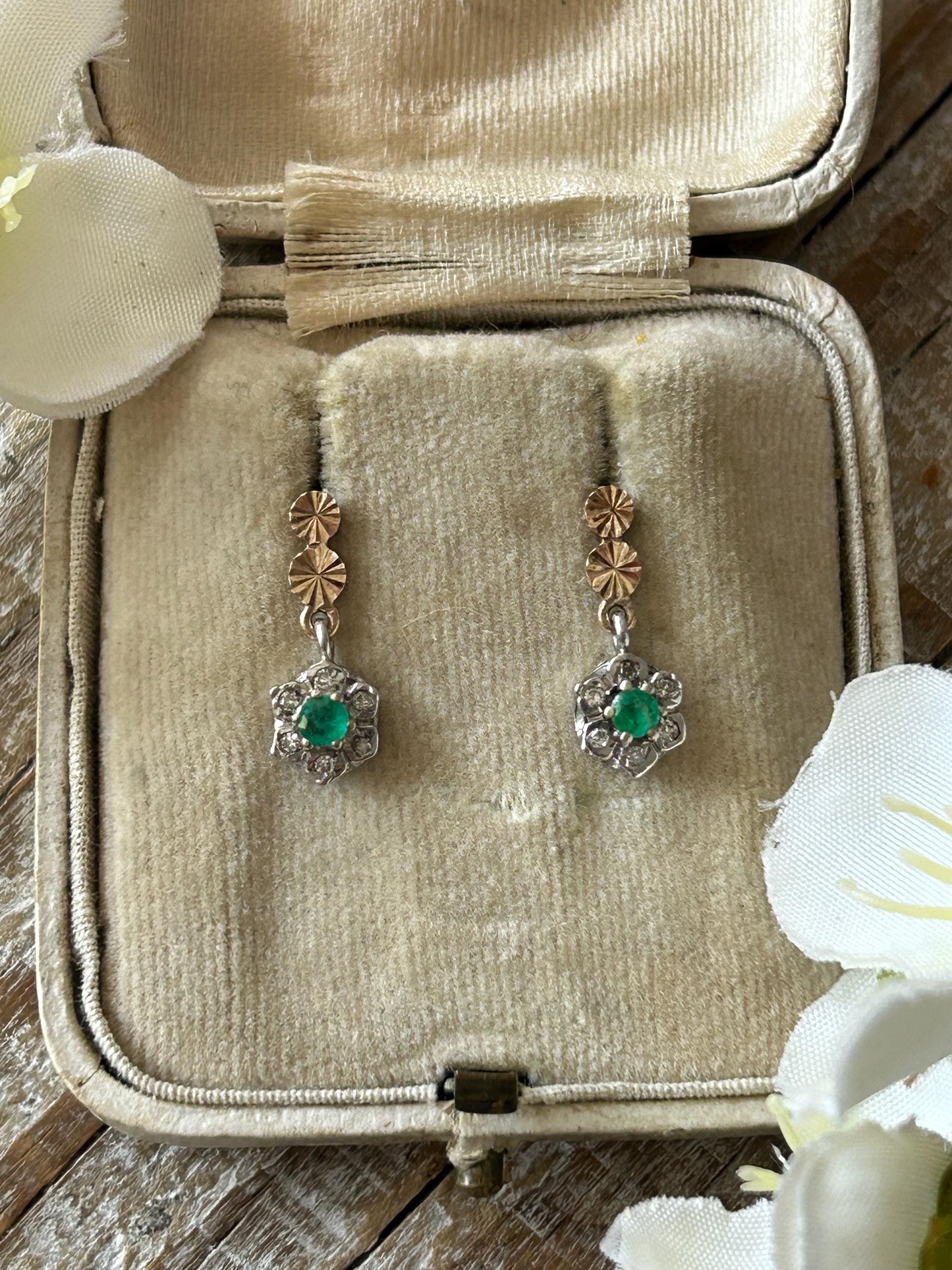 Vintage Emerald and Diamond Daisy Dangle Earrings 9 Carat Yellow and White Gold