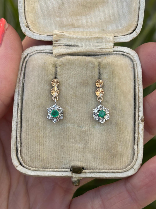 Vintage Emerald and Diamond Daisy Dangle Earrings 9 Carat Yellow and White Gold