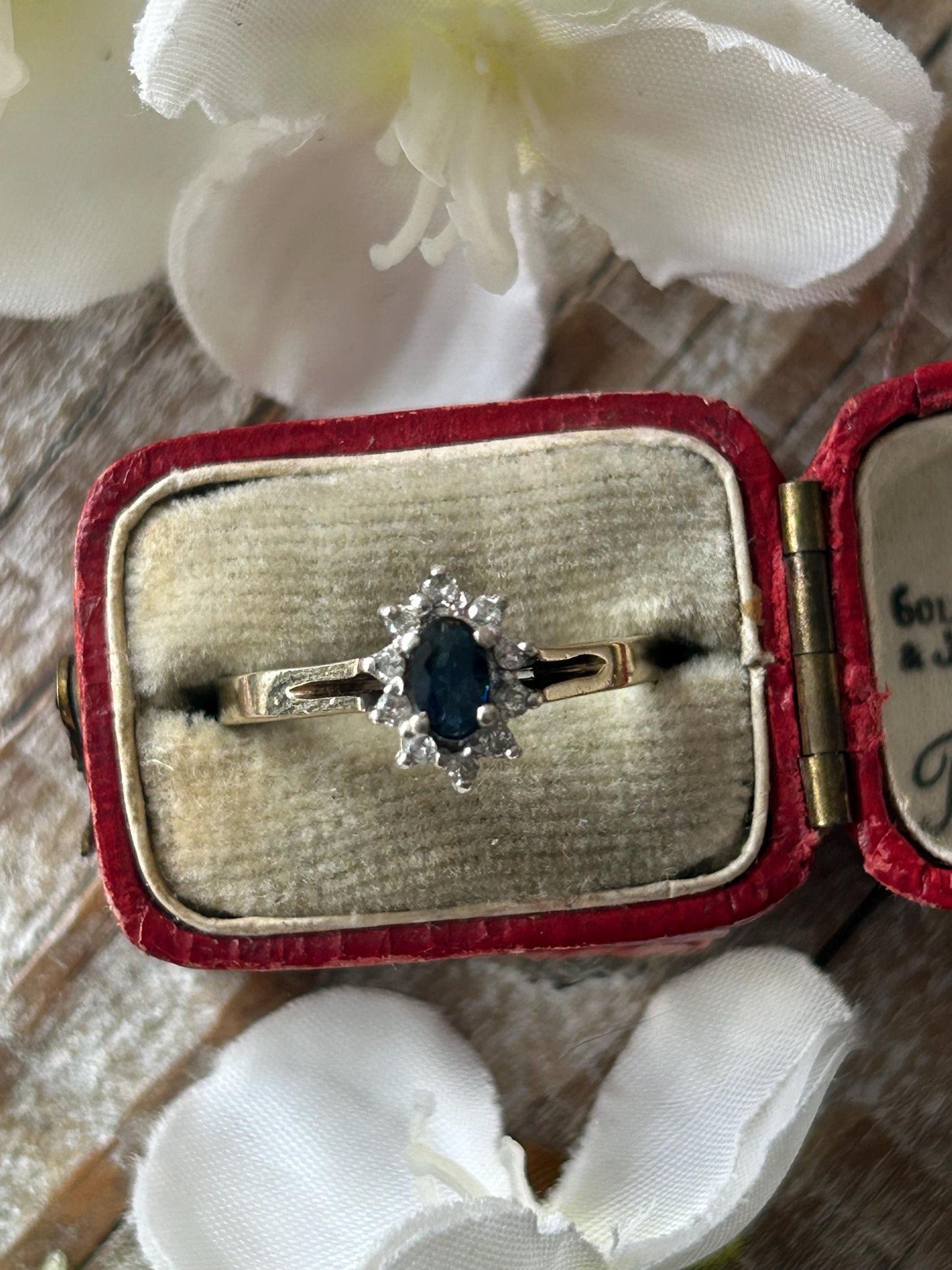 Vintage Marquise Sapphire and Diamond Halo Ring 9 Carat Yellow Gold 1984