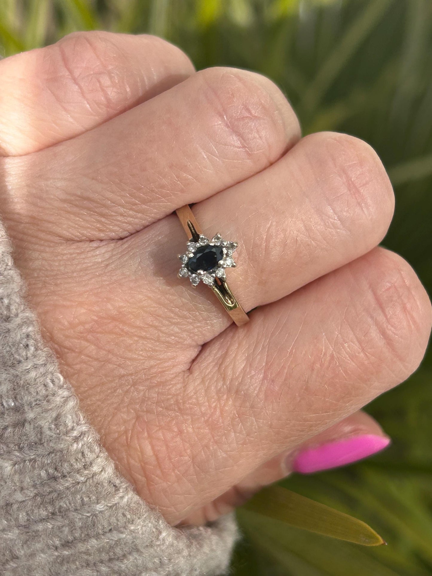 Vintage Marquise Sapphire and Diamond Halo Ring 9 Carat Yellow Gold 1984