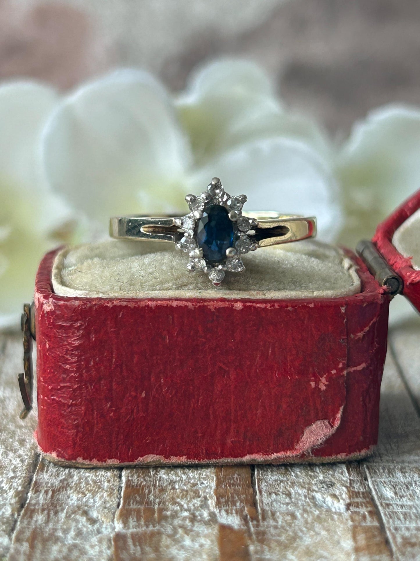 Vintage Marquise Sapphire and Diamond Halo Ring 9 Carat Yellow Gold 1984