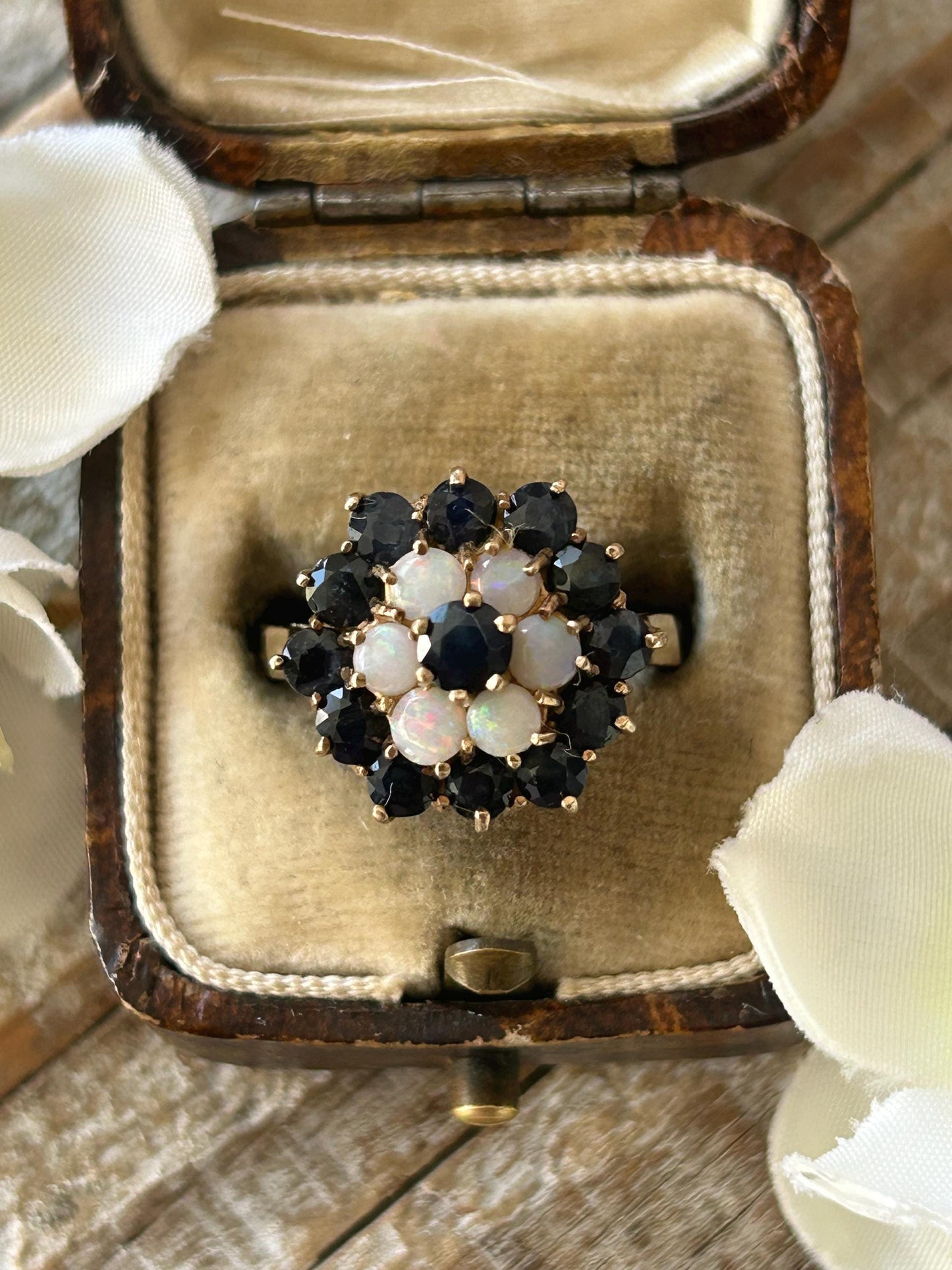 Vintage Sapphire and Opal Cocktail Ring 9 Carat Gold 1977