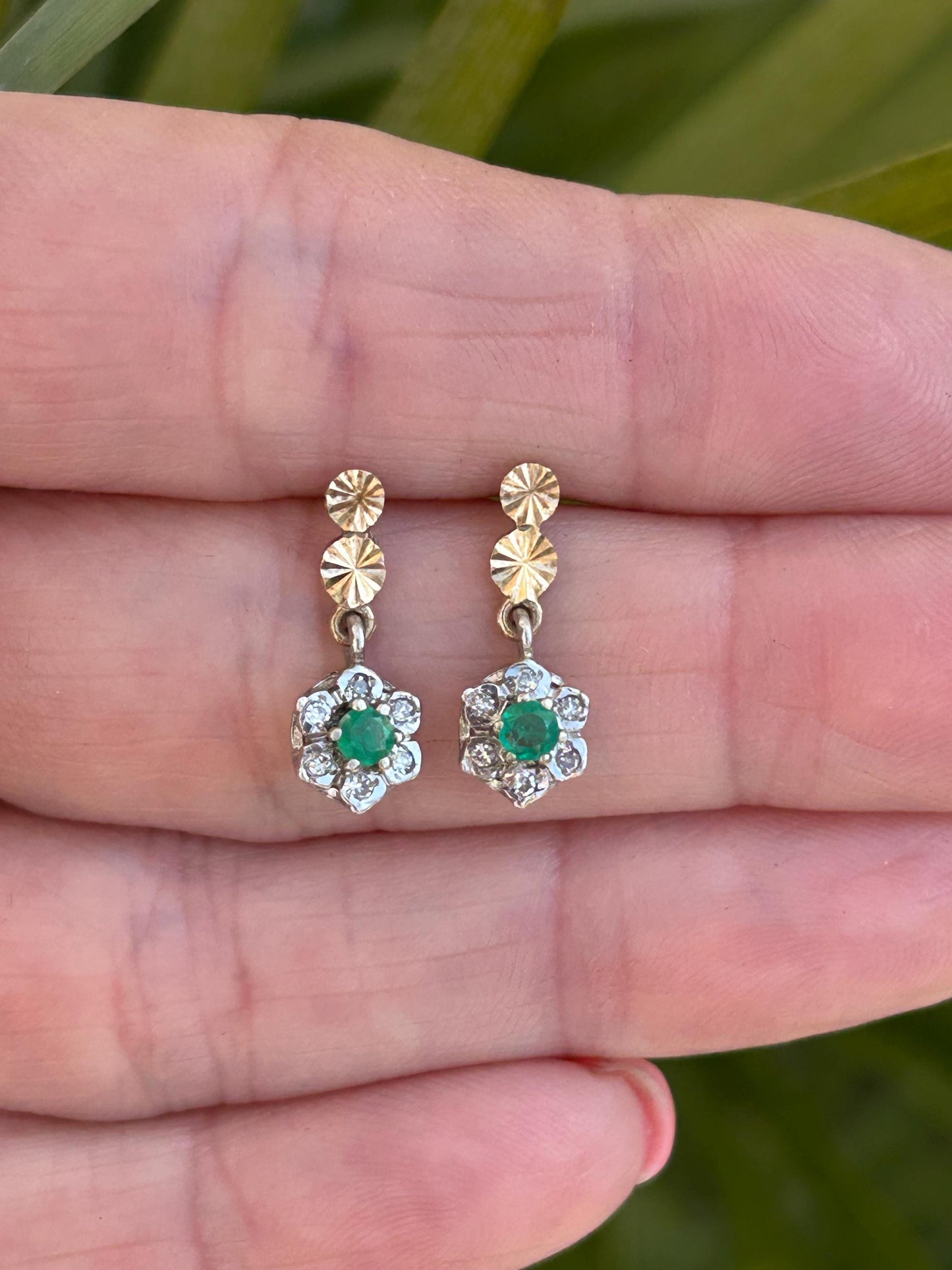 Vintage Emerald and Diamond Daisy Dangle Earrings 9 Carat Yellow and White Gold