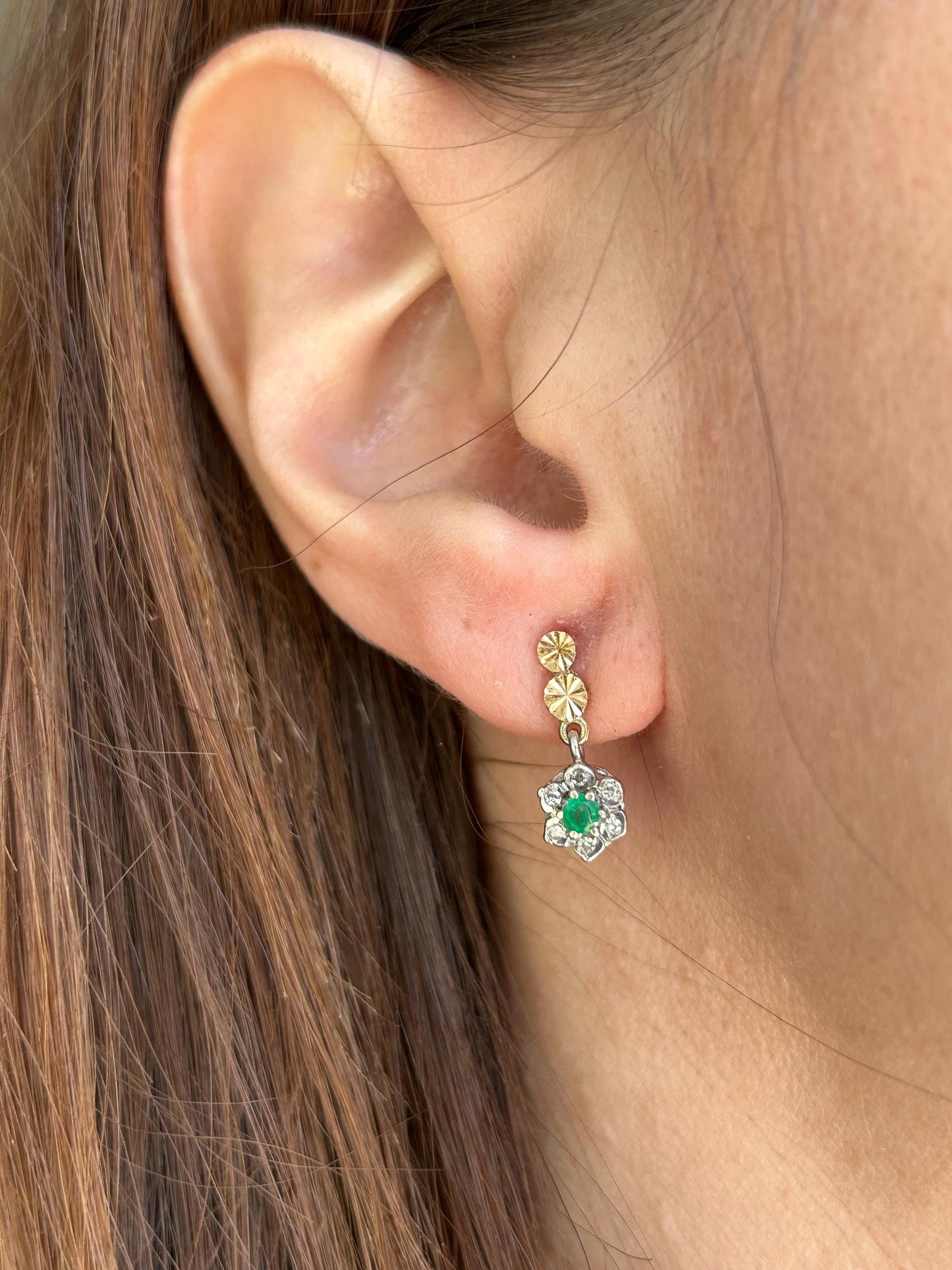 Vintage Emerald and Diamond Daisy Dangle Earrings 9 Carat Yellow and White Gold
