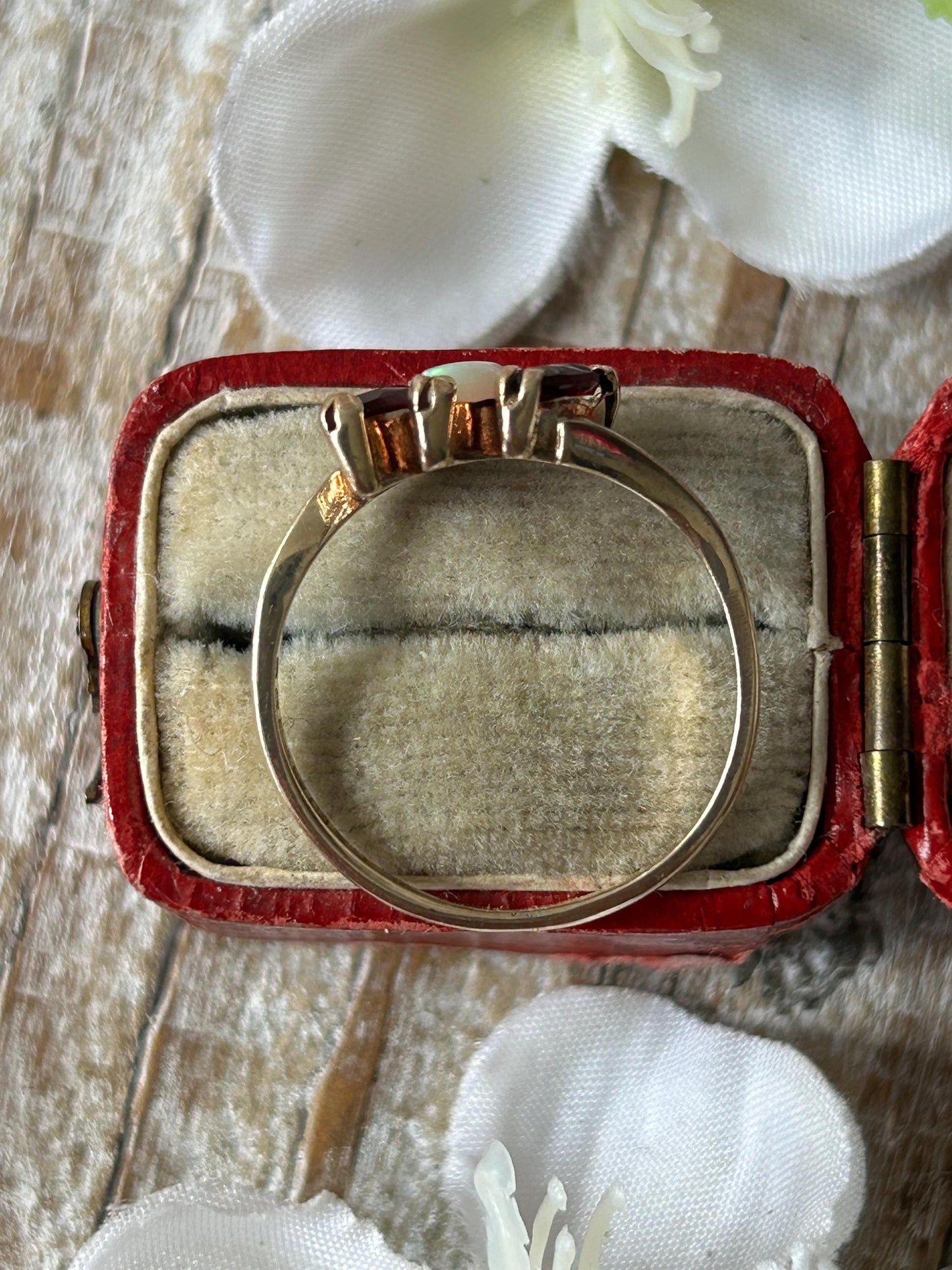 Vintage Garnet and Opal Three Stone Ring 9 Carat Yellow Gold 1982