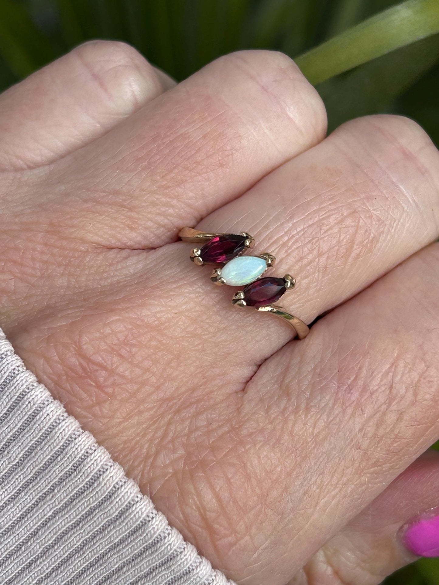 Vintage Garnet and Opal Three Stone Ring 9 Carat Yellow Gold 1982