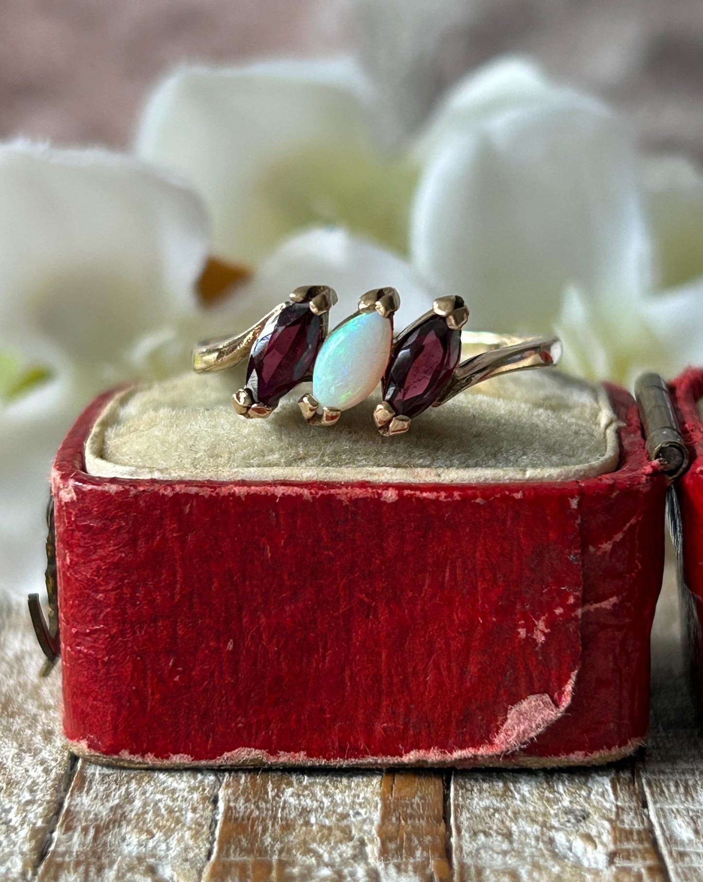 Vintage Garnet and Opal Three Stone Ring 9 Carat Yellow Gold 1982