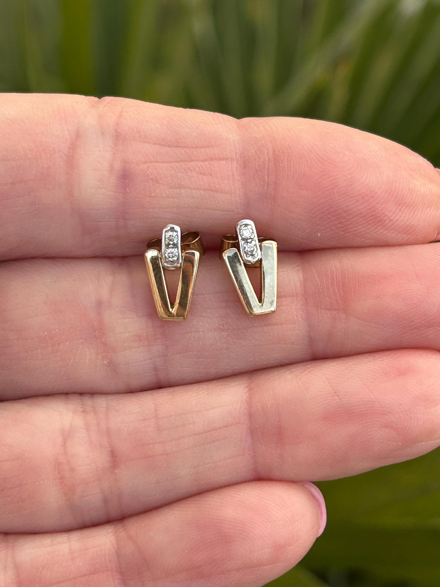 Vintage V Shaped Diamond Stud Earrings 9 Carat Yellow Gold