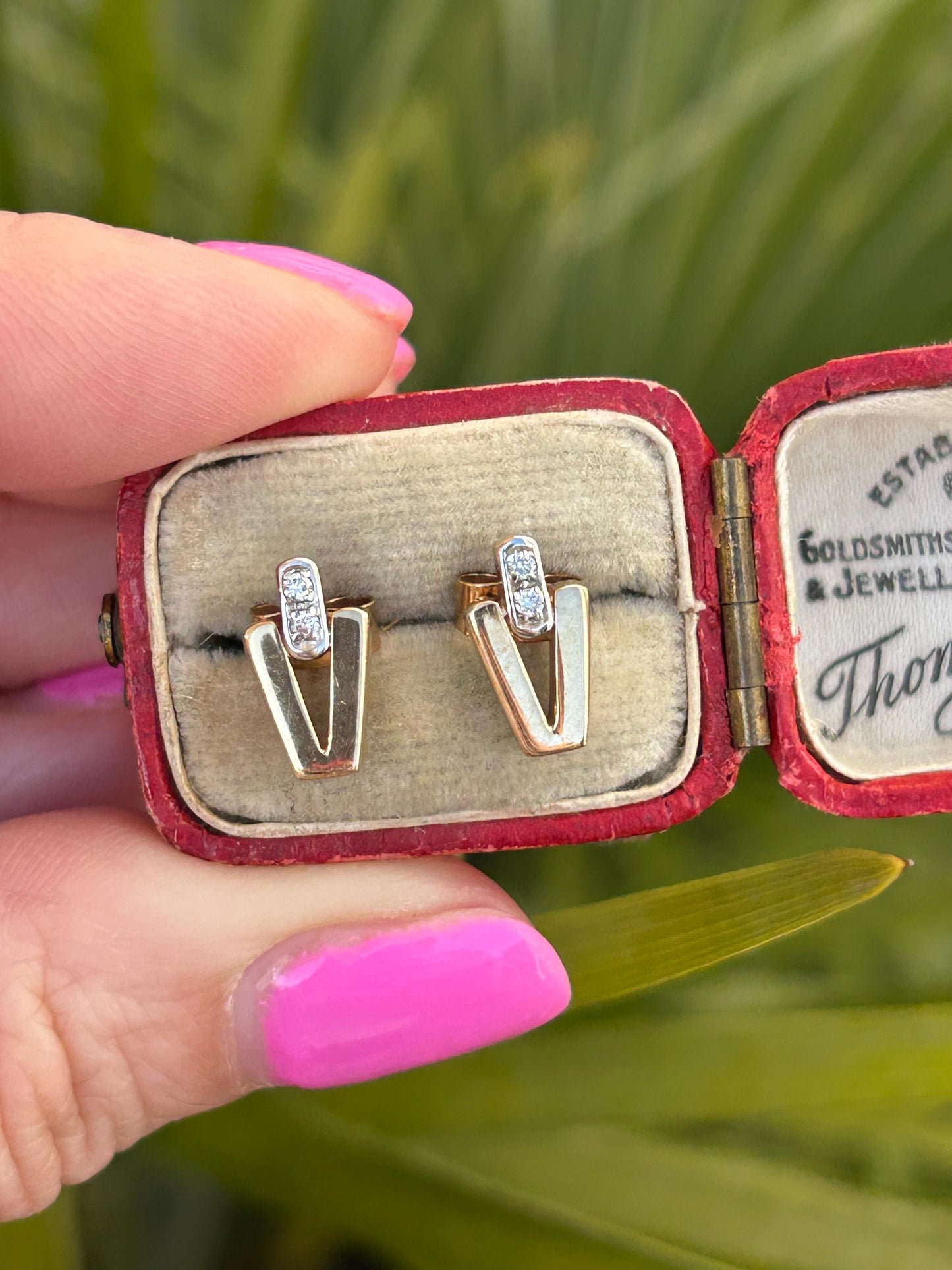 Vintage V Shaped Diamond Stud Earrings 9 Carat Yellow Gold