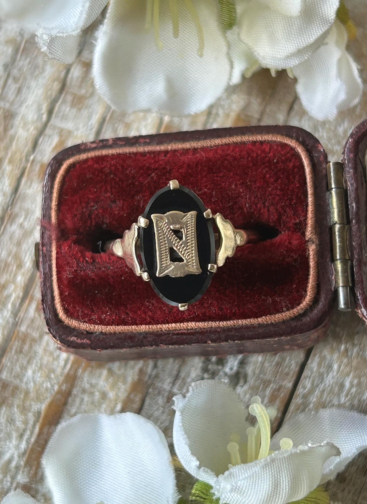Antique Onyx Initial N Statement Ring 9 Carat Yellow Gold