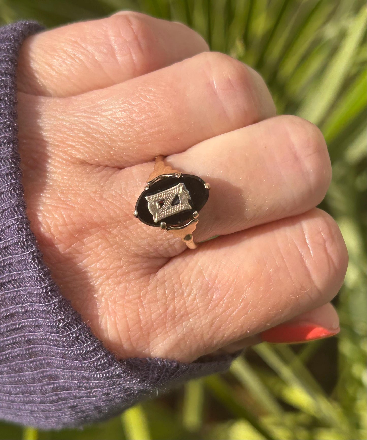 Antique Onyx Initial N Statement Ring 9 Carat Yellow Gold