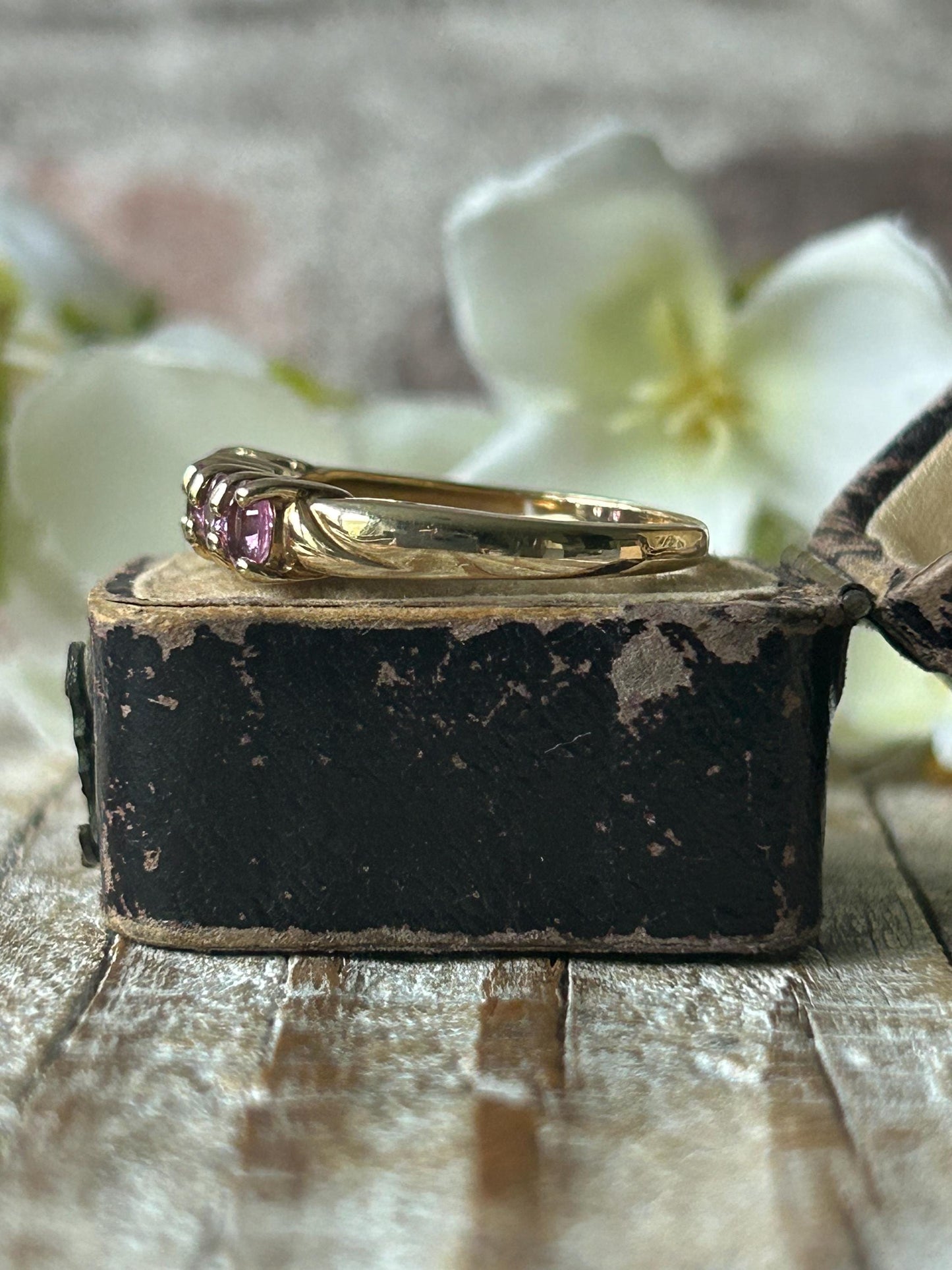 Vintage Pink Sapphire Five Stone Ring 9 Carat Yellow Gold