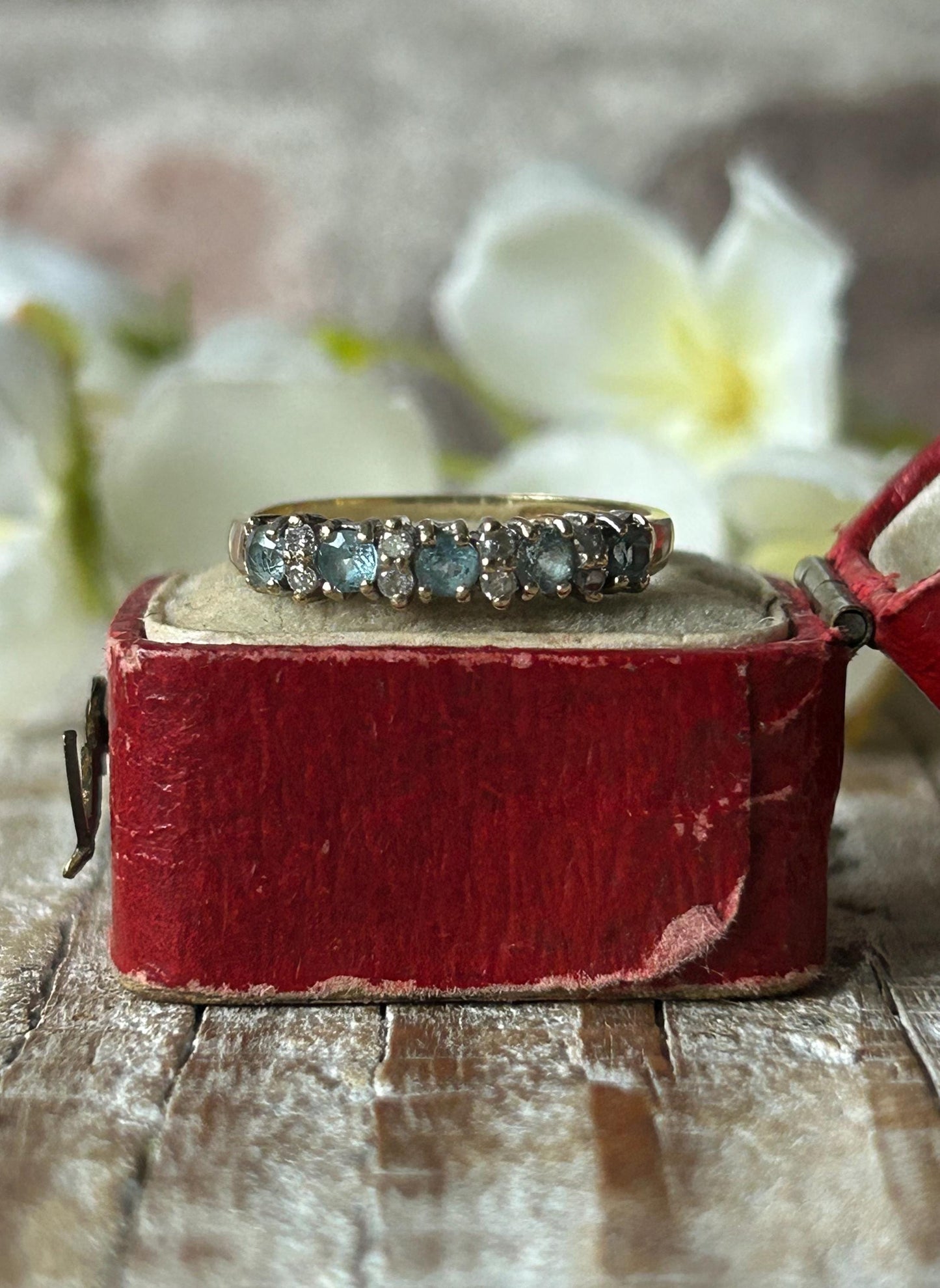 Vintage Aquamarine and Diamond Band Ring 9 Carat Yellow Gold
