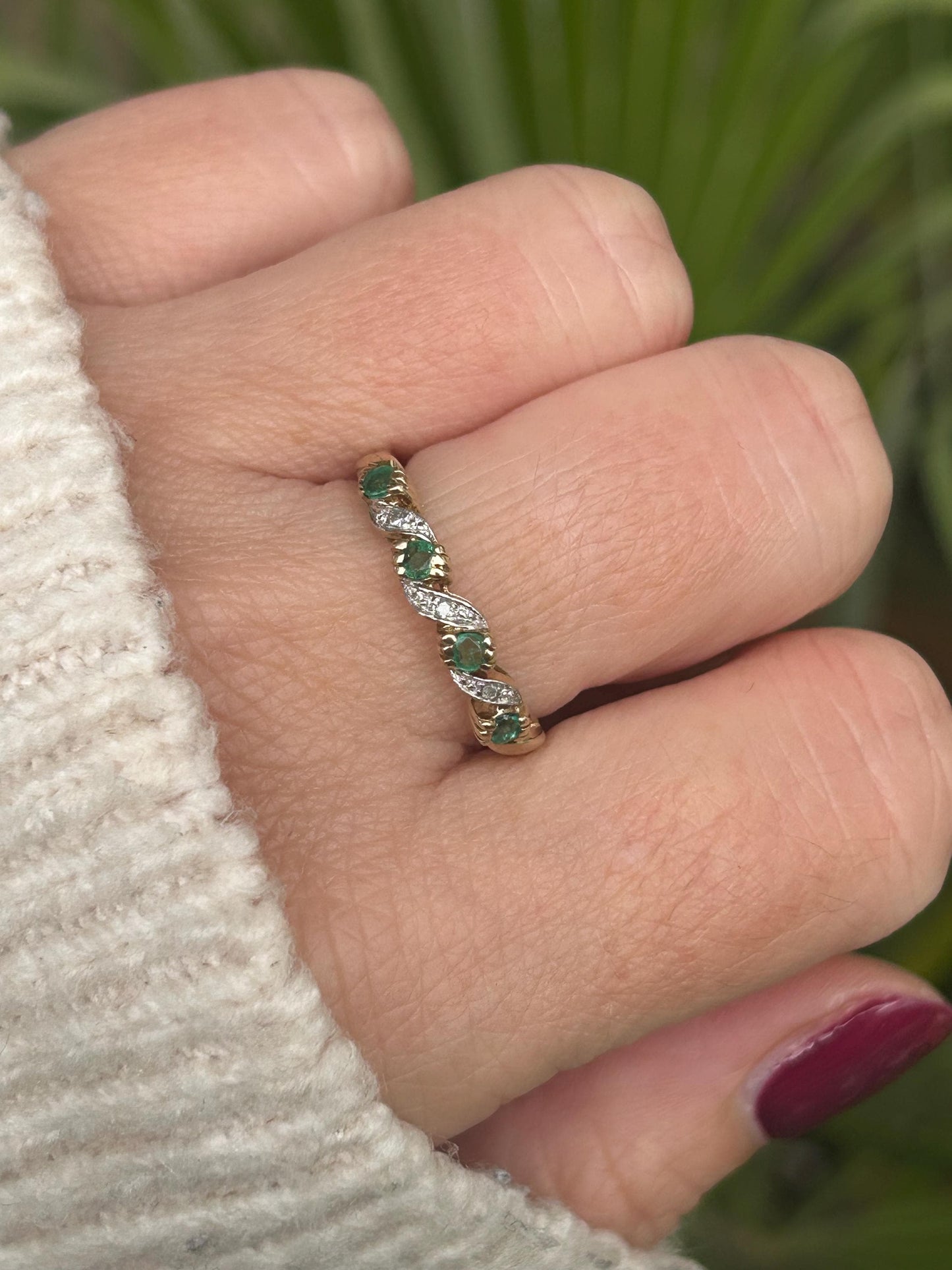 Vintage Emerald and Diamond Eternity Ring 9 Carat Yellow Gold