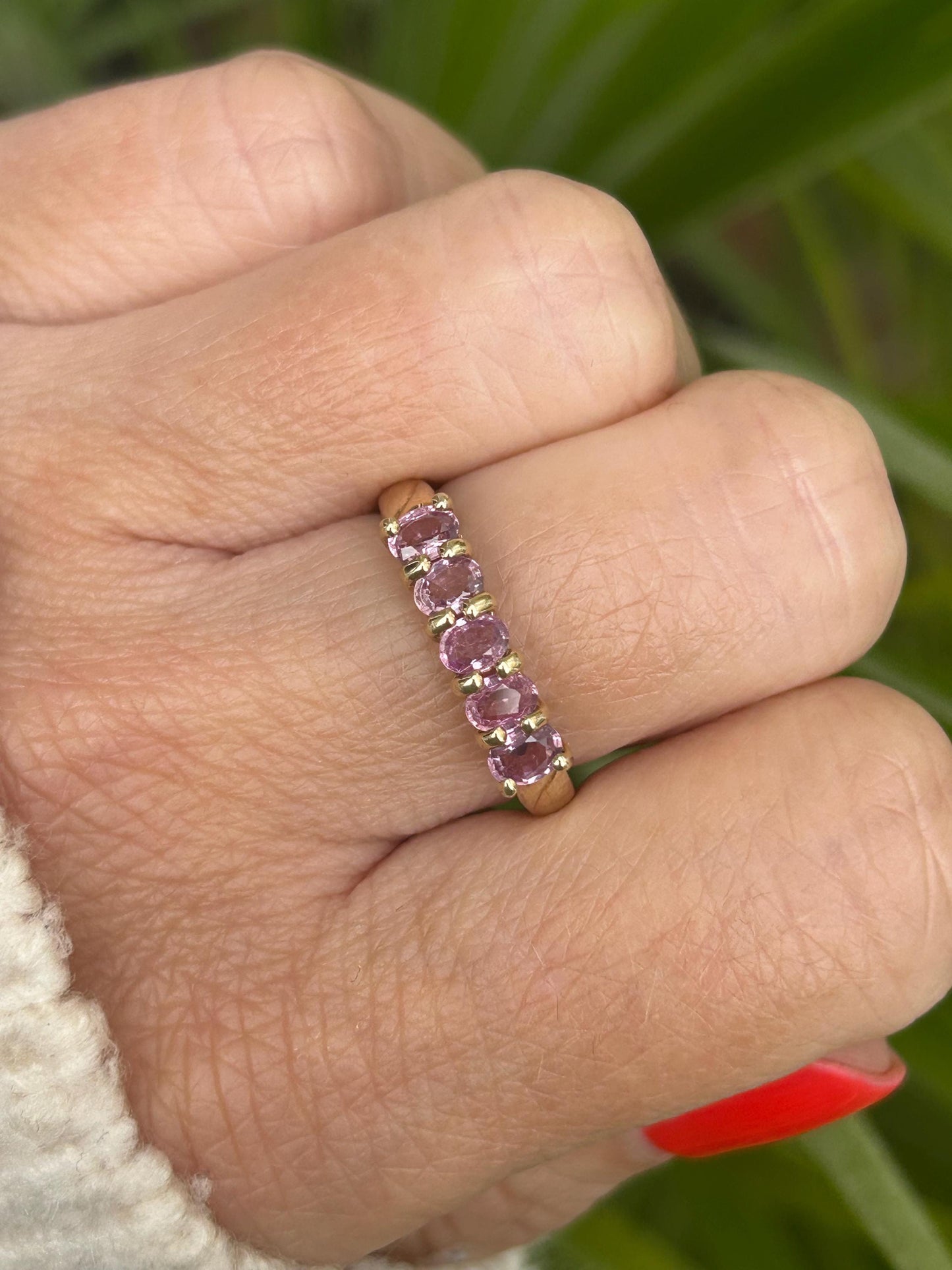 Vintage Pink Sapphire Five Stone Ring 9 Carat Yellow Gold