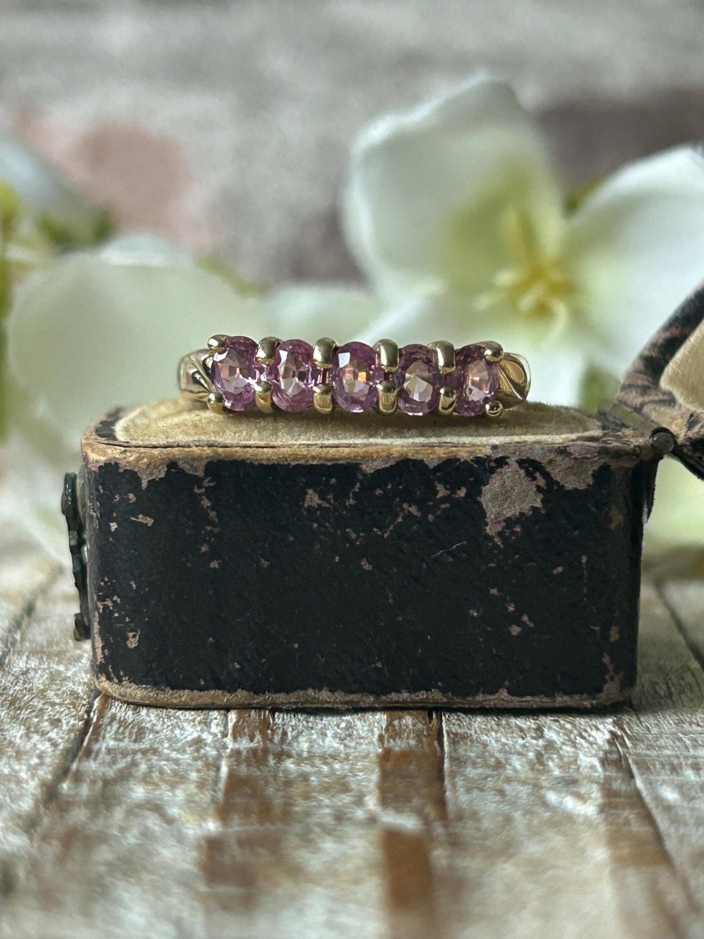 Vintage Pink Sapphire Five Stone Ring 9 Carat Yellow Gold