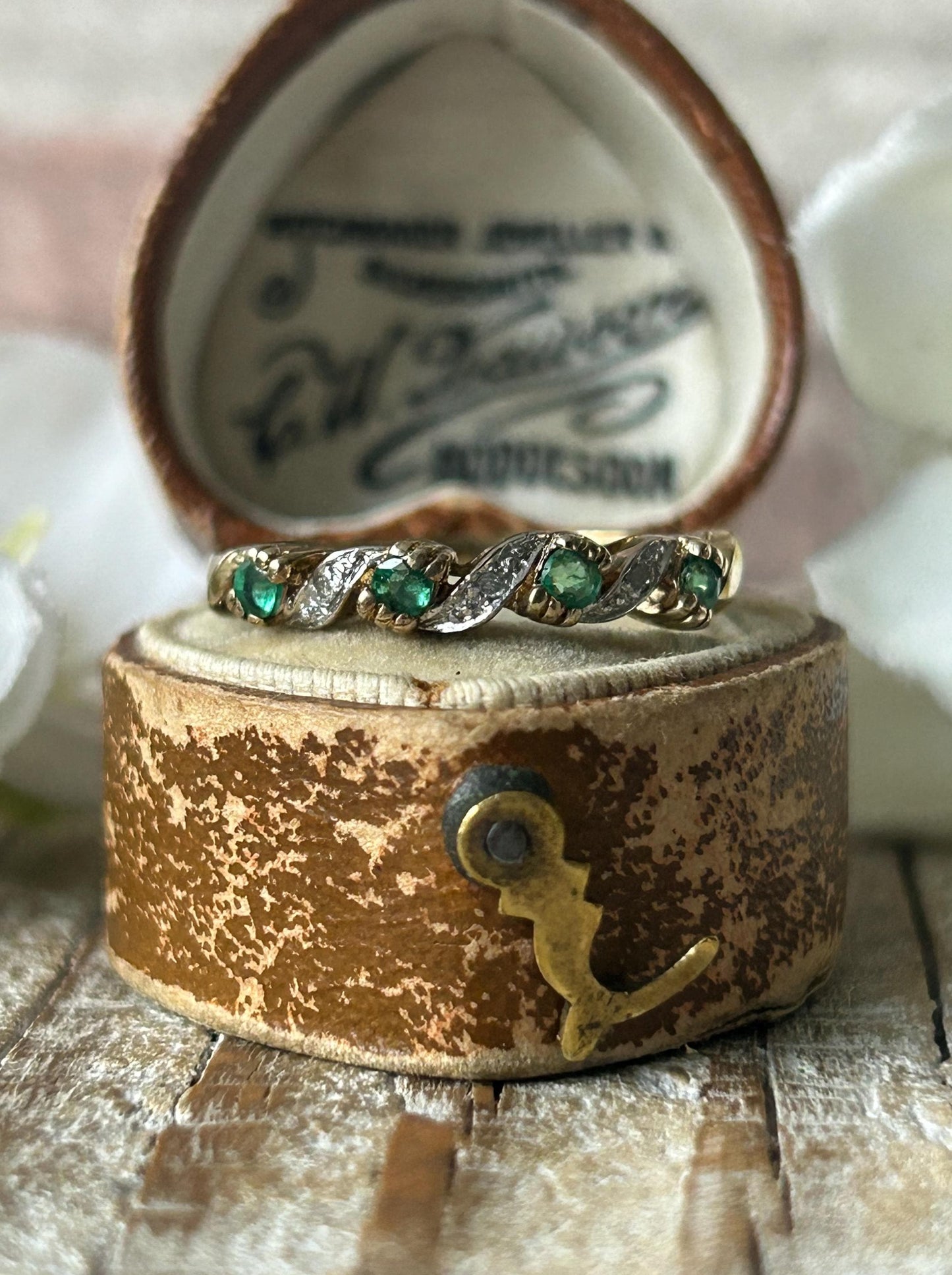 Vintage Emerald and Diamond Eternity Ring 9 Carat Yellow Gold