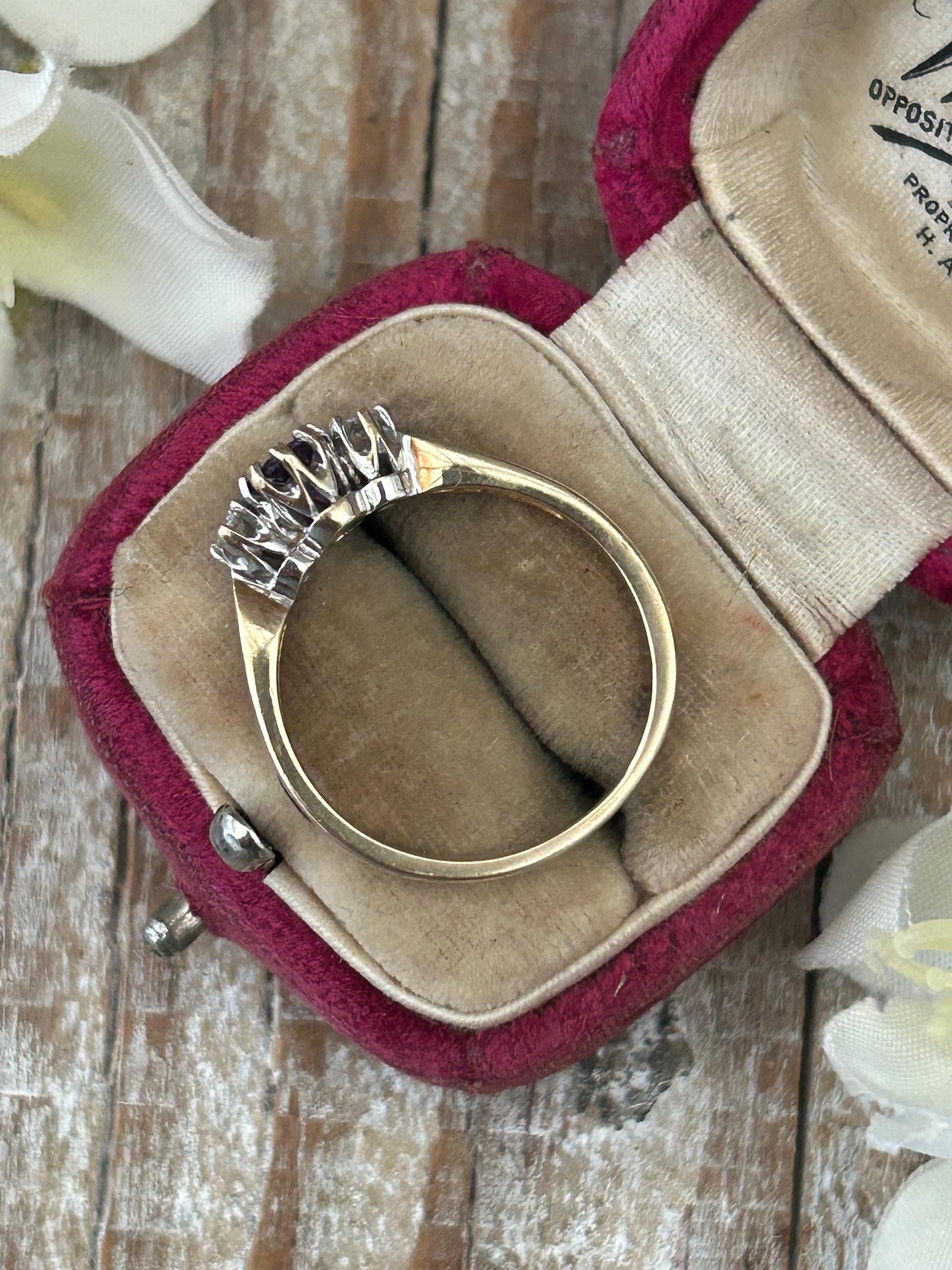 Vintage Amethyst and Diamond Three Stone Ring 9 Carat Yellow Gold