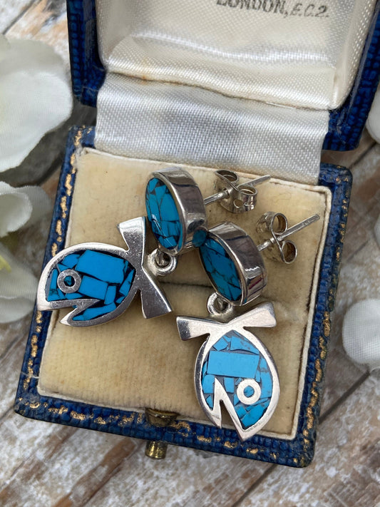 Vintage Mosaic Turquoise Fish Statement Dangle Earrings Sterling Silver