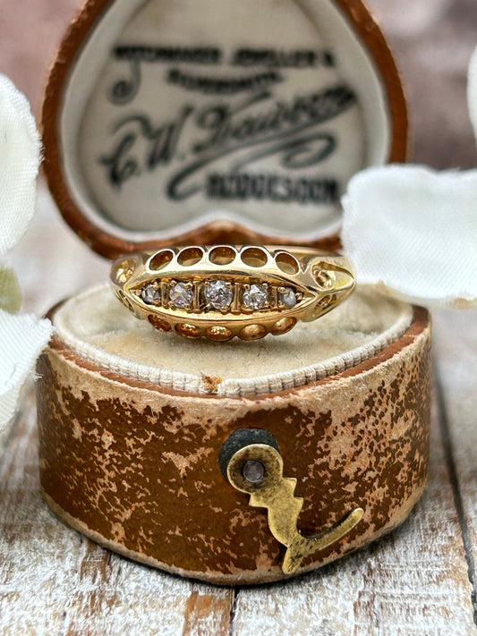 Antique Edwardian Five Stone Diamond Ring 18 Carat Yellow Gold 1900s