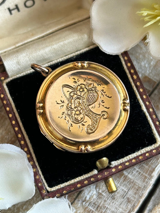 Antique Victorian Engraved Gold Locket Flowers and Bird 9ct Gold Front and Back