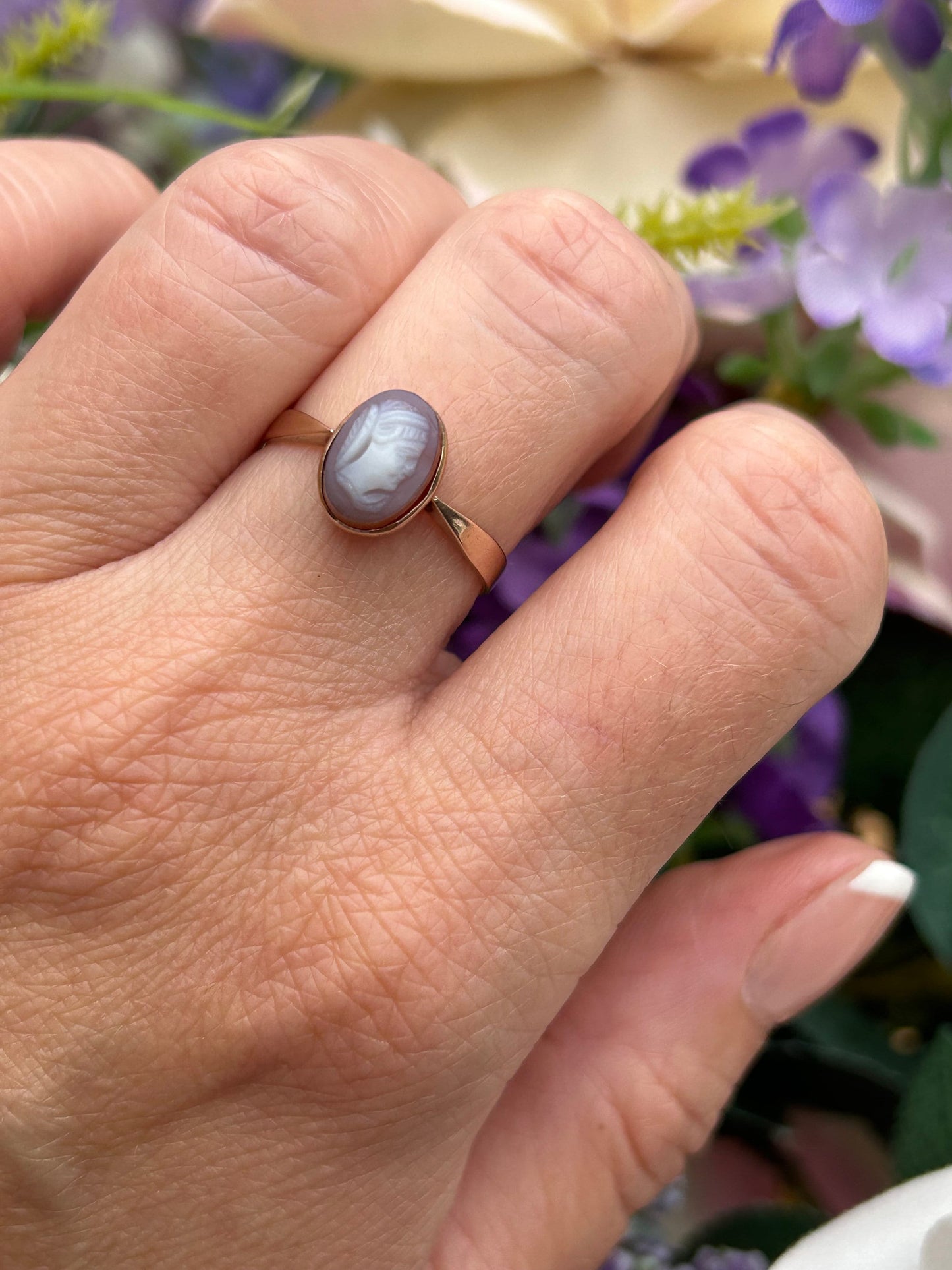 Antique Edwardian Agate Cameo Ring 9 Carat Gold