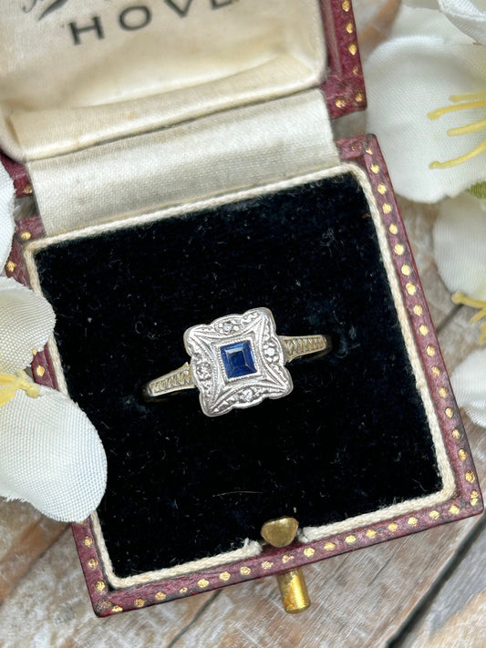 Antique Art Deco Square Blue Sapphire and Diamond Ring 9 Carat Gold and Platinum