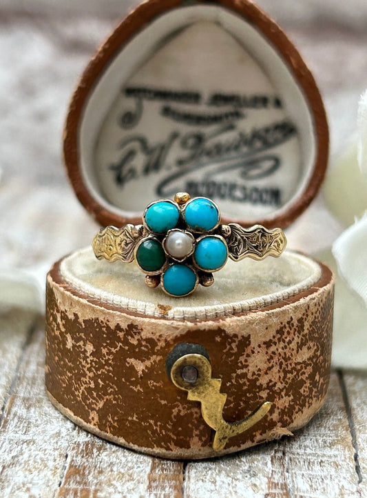 Antique Victorian turquoise and pearl daisy cluster ring 9 carat yellow gold
