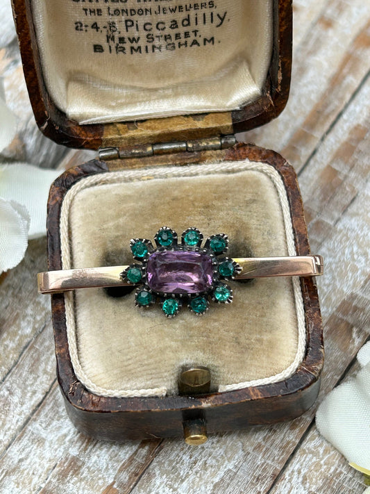 Antique Edwardian Gold Bar Brooch with Purple and Green Paste Glass Stones 9 Carat Gold 1907