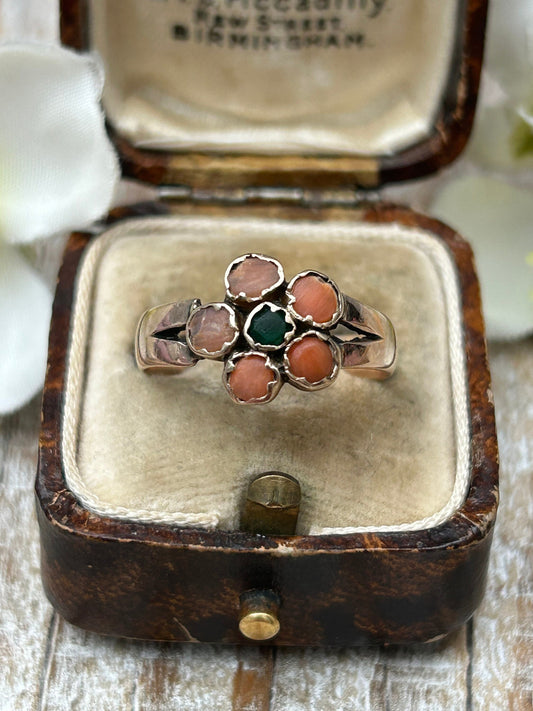 Antique Victorian Coral Daisy Ring 9 Carat Rose Gold 