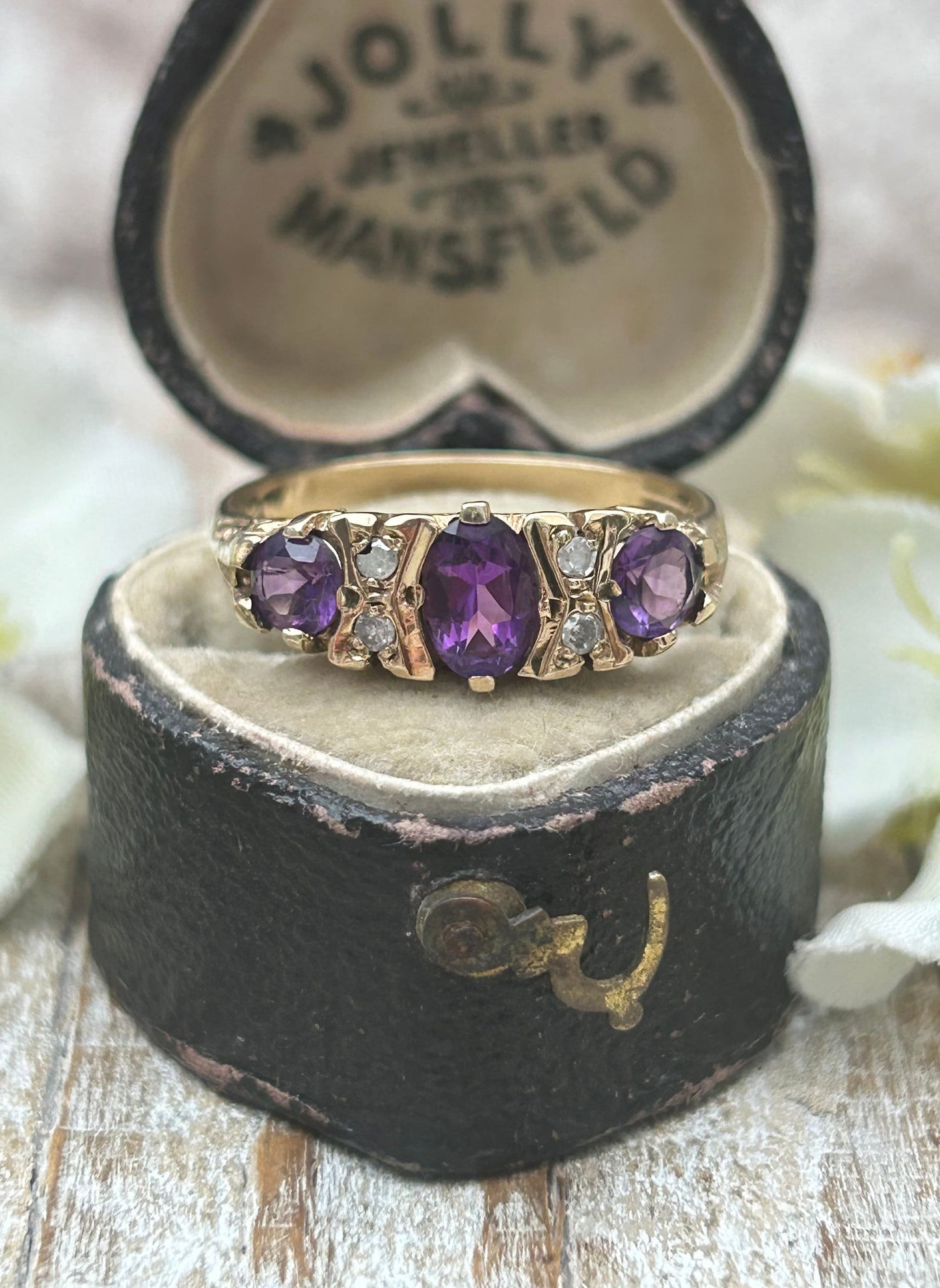 Vintage Amethyst and Diamond Gypsy Ring 9 Carat Yellow Gold 1994