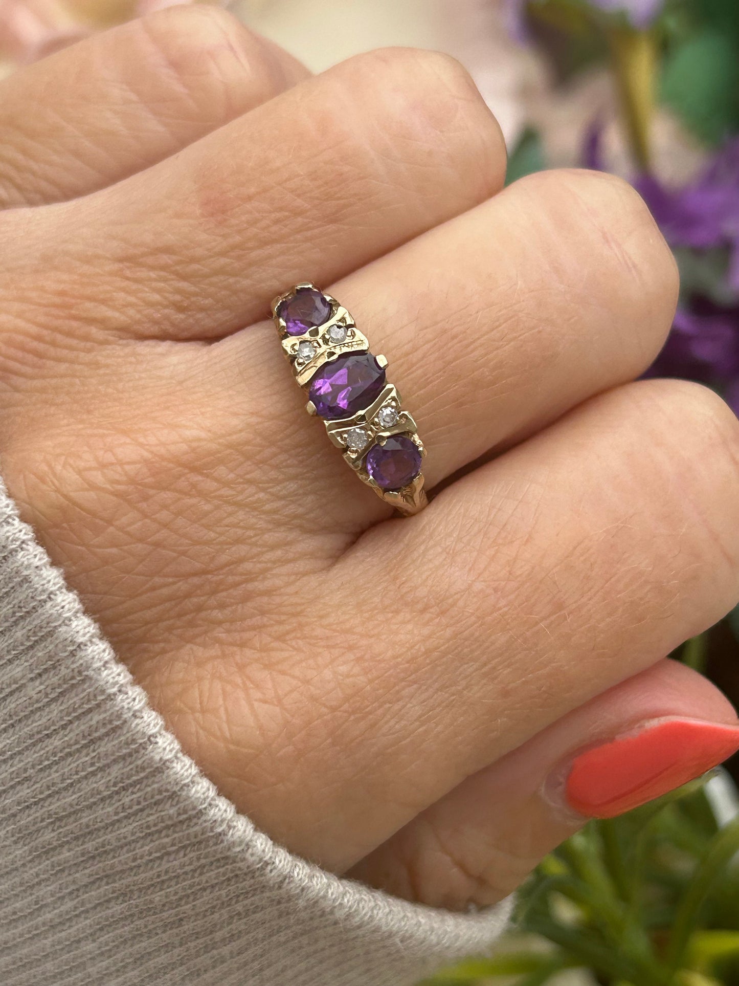 Vintage Amethyst and Diamond Gypsy Ring 9 Carat Yellow Gold 1994