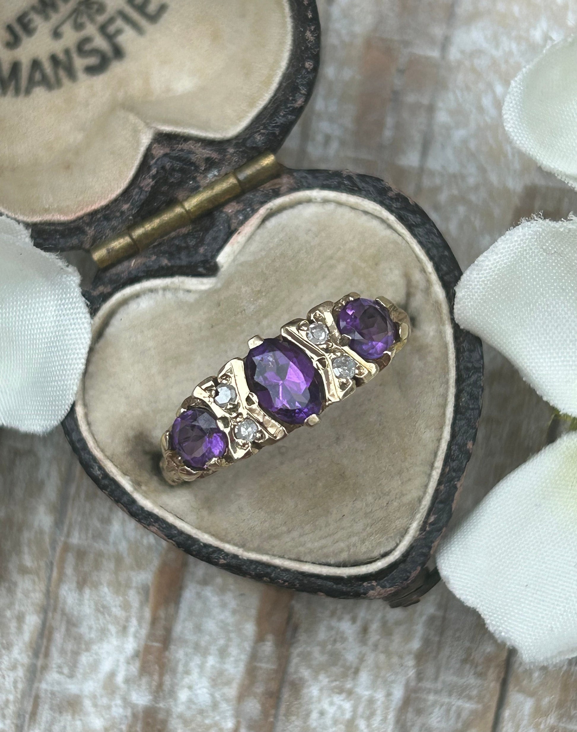 Vintage Amethyst and Diamond Gypsy Ring 9 Carat Yellow Gold 1994