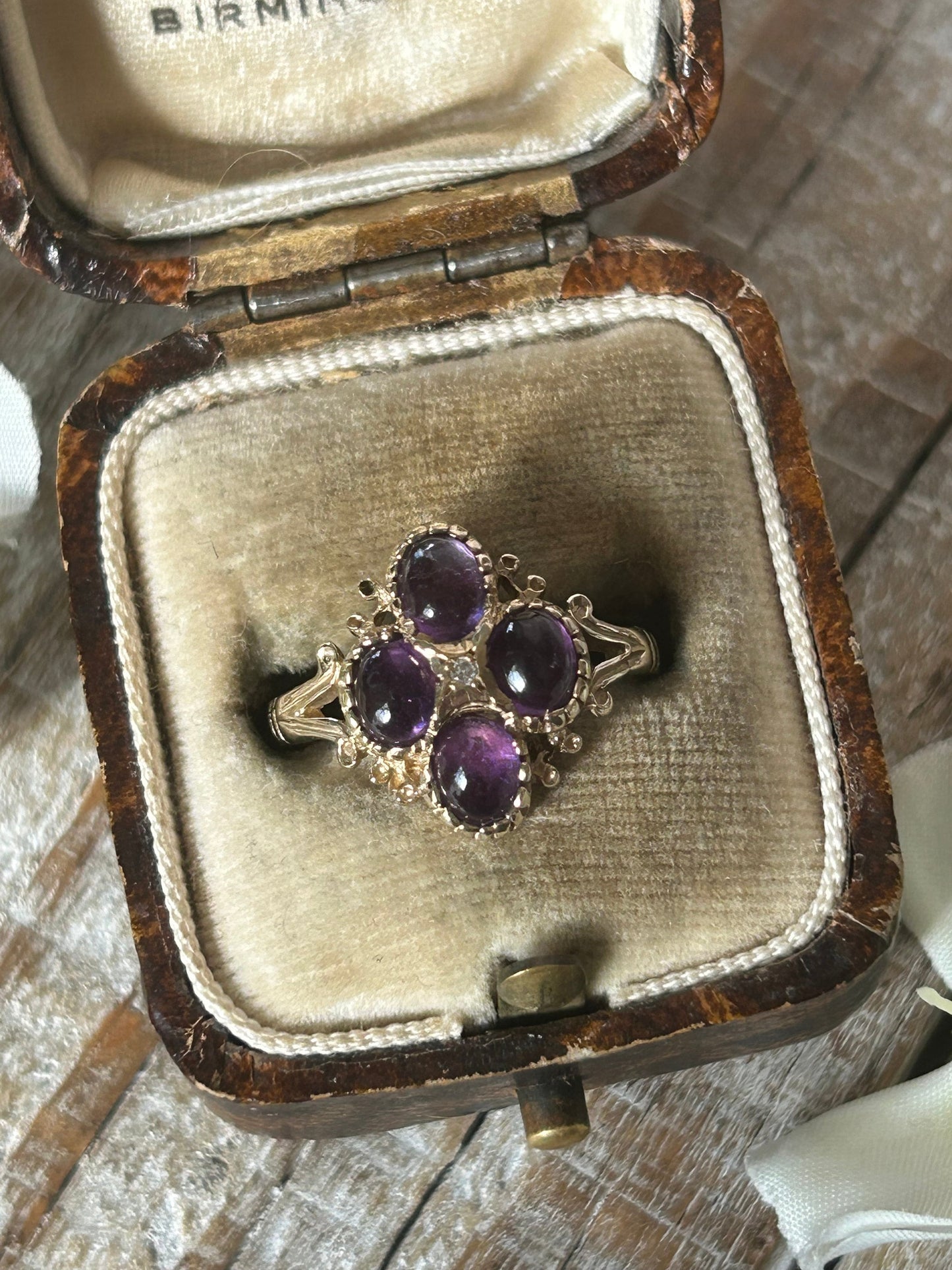 Vintage Amethyst and Diamond Cluster Ring 9 Carat Yellow Gold