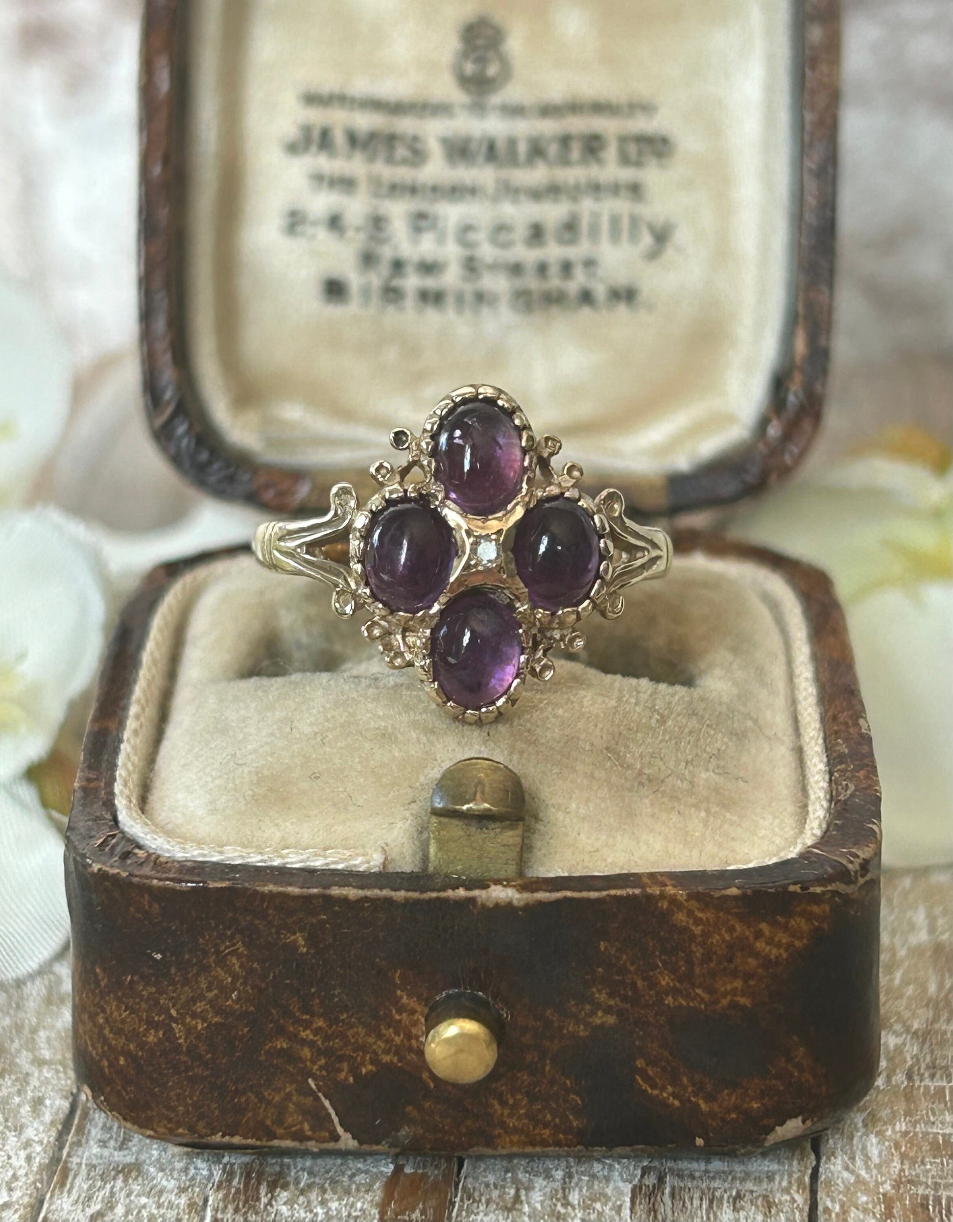 Vintage Amethyst and Diamond Cluster Ring 9 Carat Yellow Gold