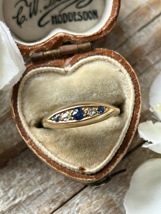 Antique Sapphire and Rose Cut Diamond Gypsy Ring 18 Carat Yellow Gold 1917