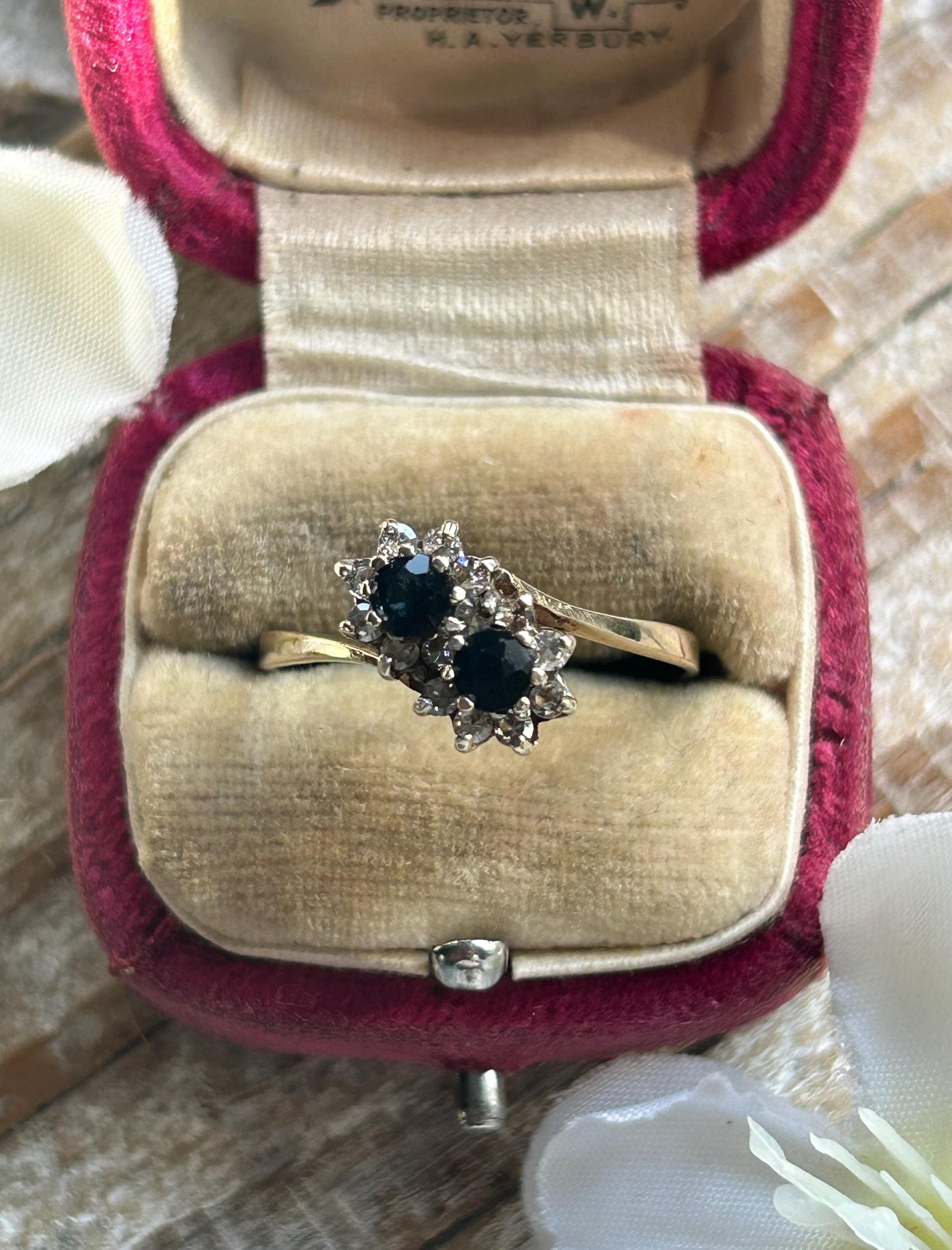 Vintage Sapphire and Diamond Double Daisy Ring 9 Carat Yellow Gold 1992