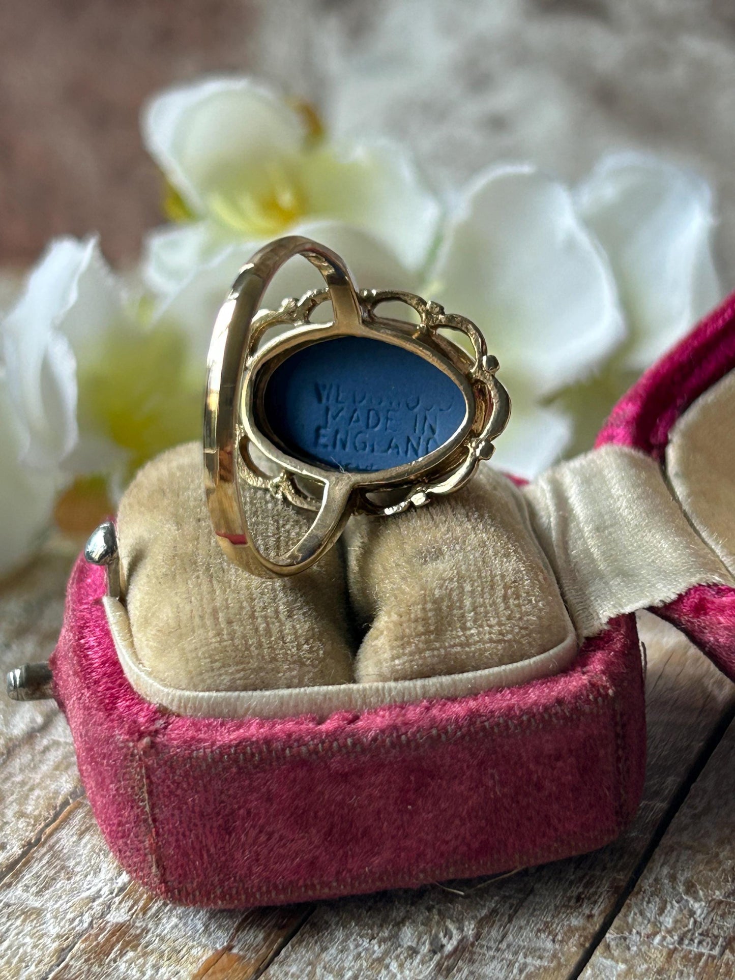 Vintage Blue Wedgwood Cameo Statement Ring 9 Carat Yellow Gold